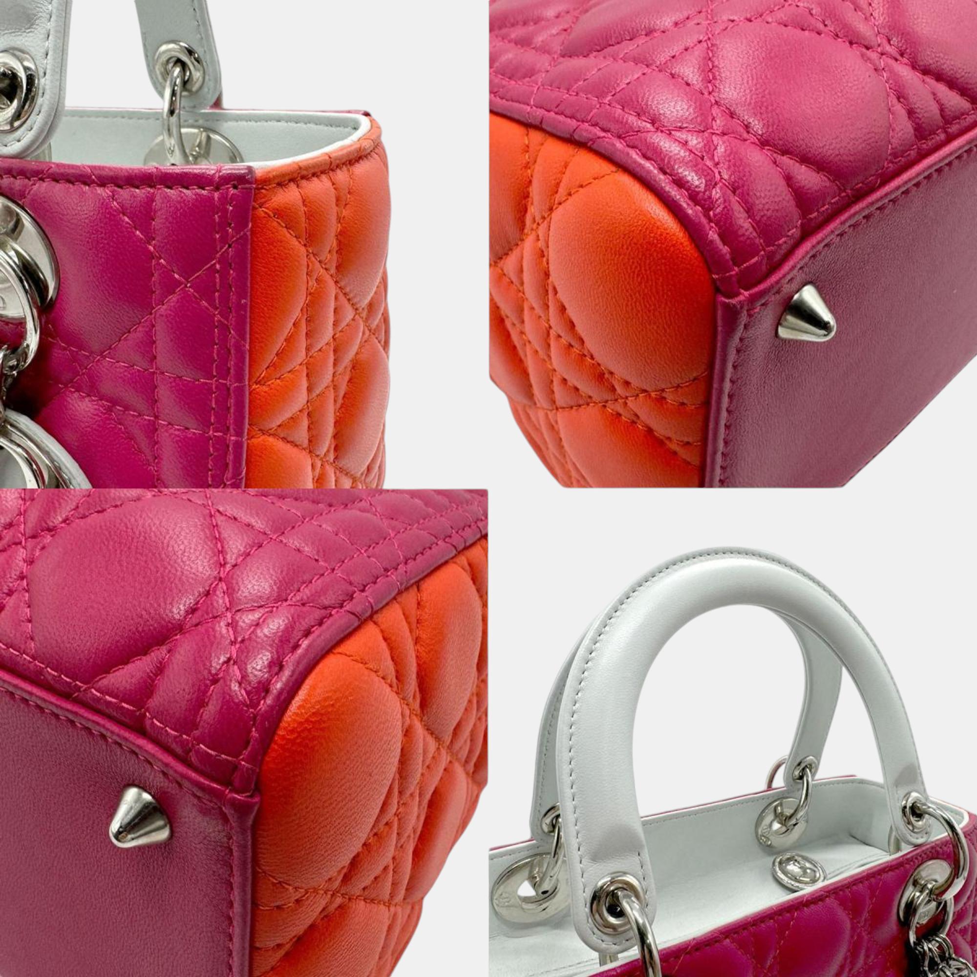 Christian Dior Lady Leather Magenta White Orange Silver Handbag