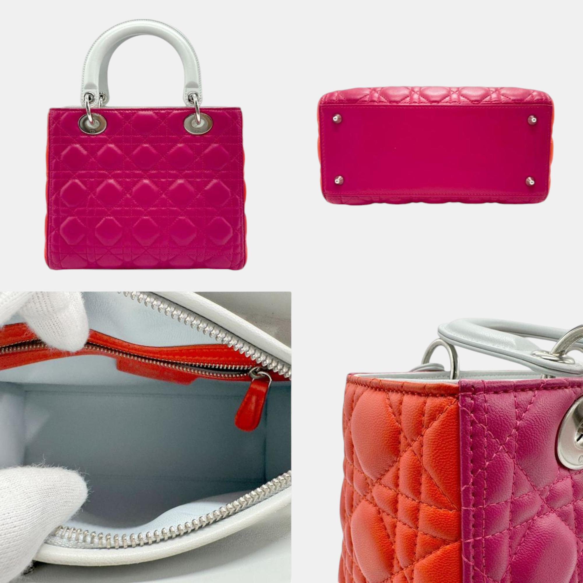 Christian Dior Lady Leather Magenta White Orange Silver Handbag