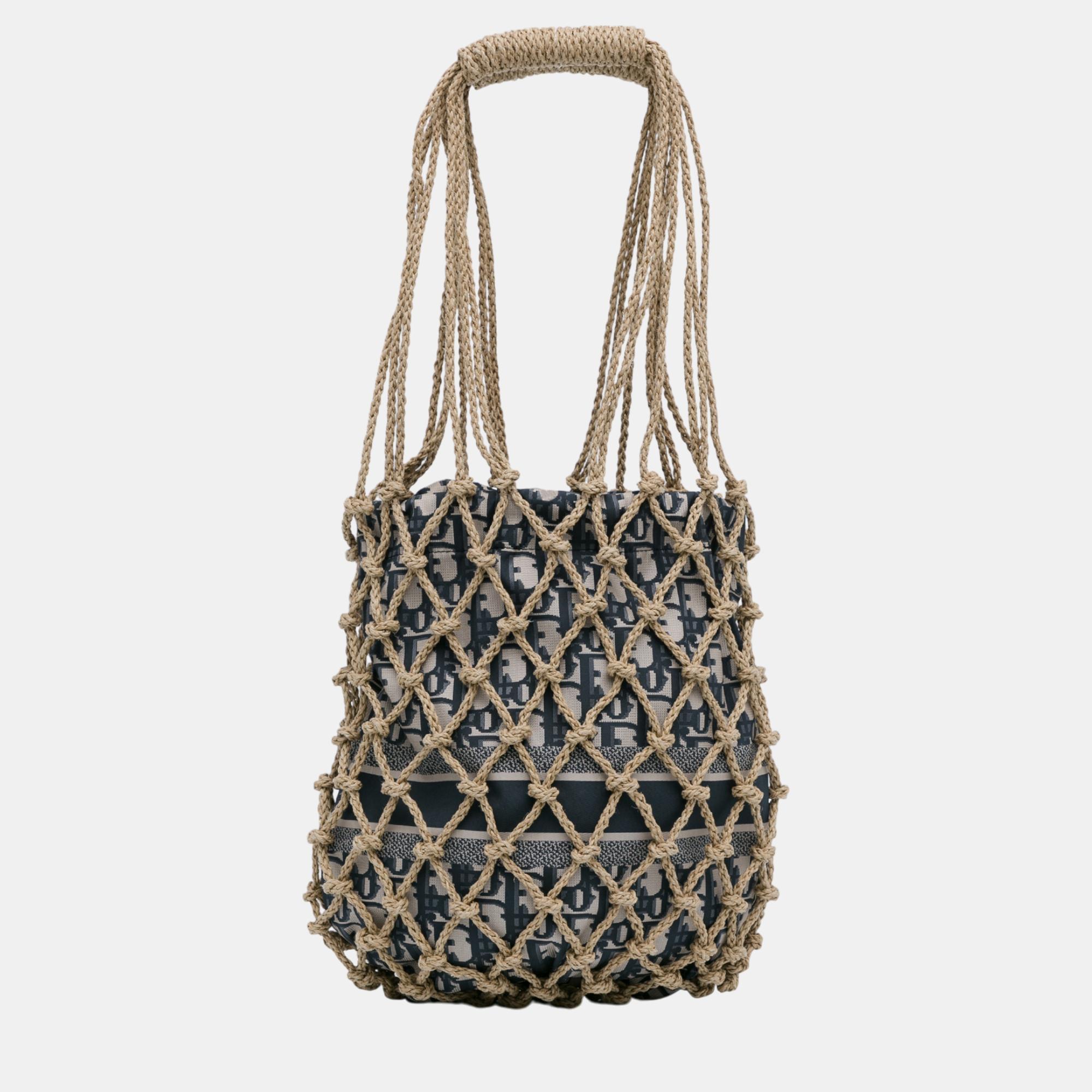 Dior Beige/Brown Woven Rope And Oblique Technical Fabric Net Bag