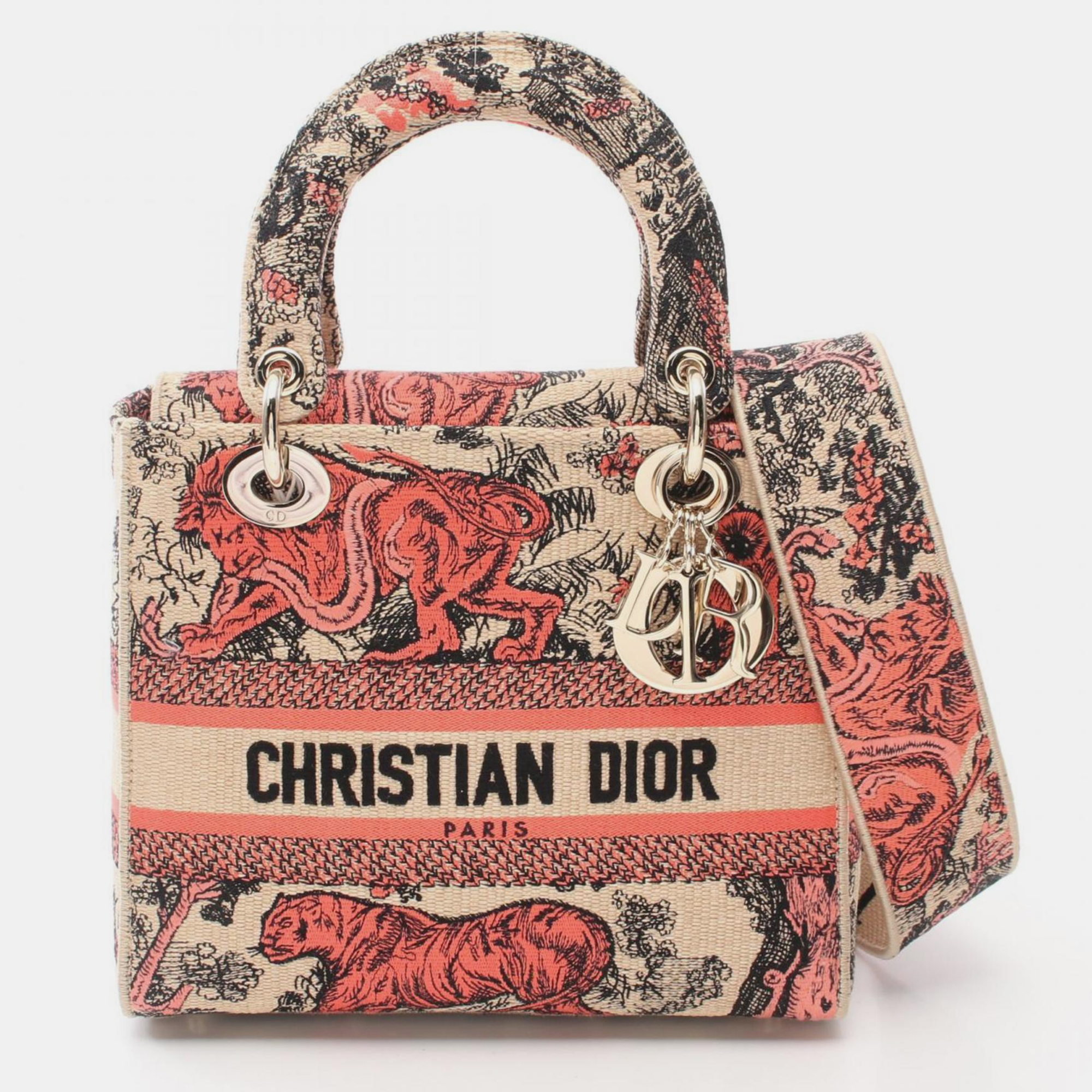 Christian Dior Beige Red Canvas Dior LADY D-LITE Medium Handbag