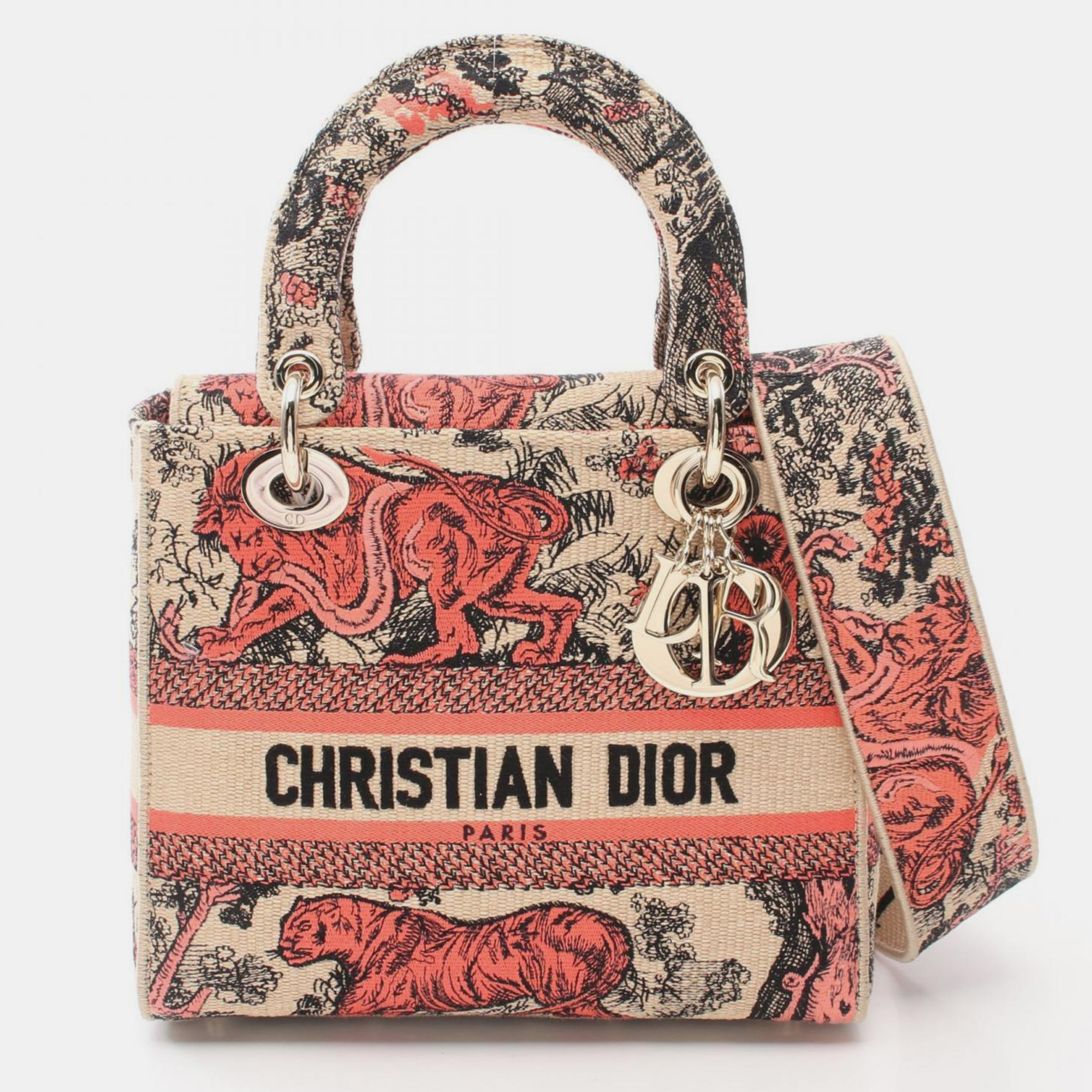 Christian Dior Beige Red Canvas Dior LADY D-LITE Medium Handbag