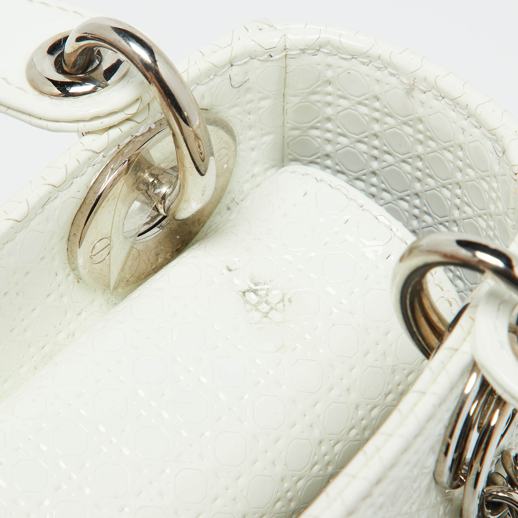 Dior White Microcannage Patent Leather Mini Lady Dior Tote