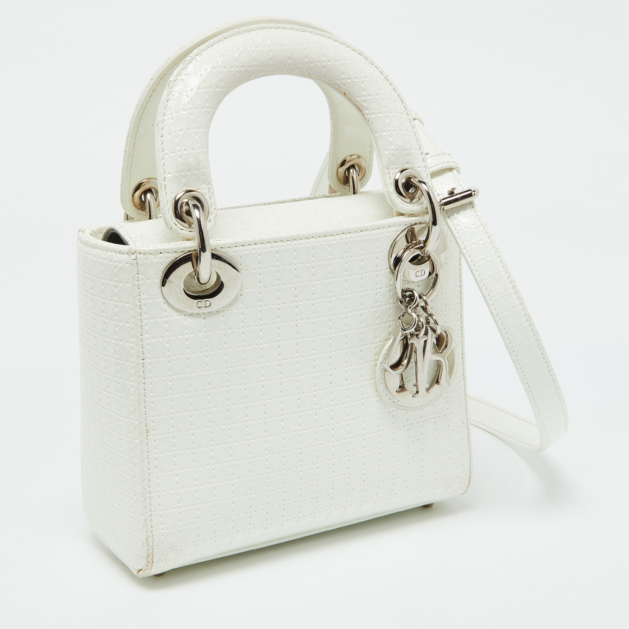 Dior White Microcannage Patent Leather Mini Lady Dior Tote