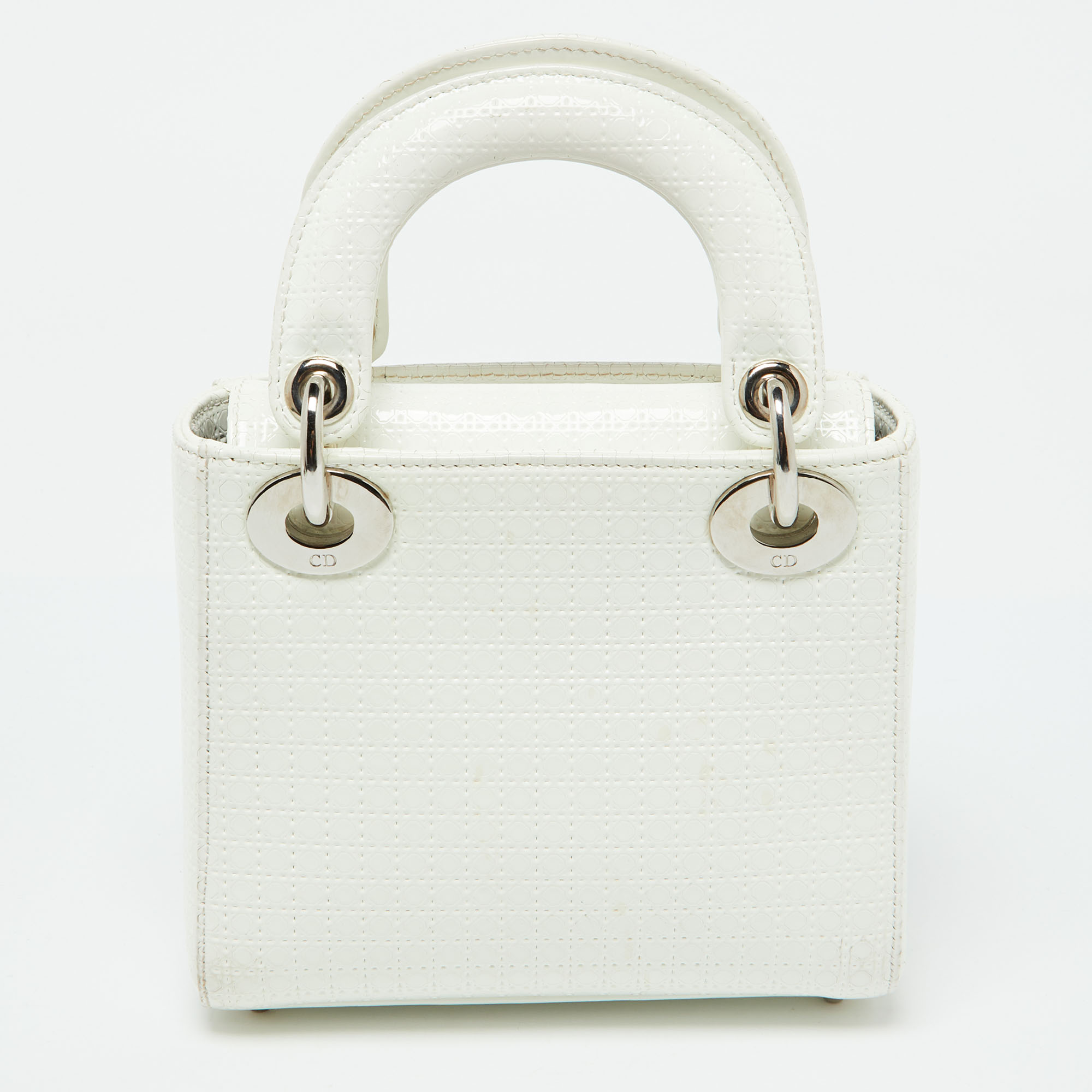 Dior White Microcannage Patent Leather Mini Lady Dior Tote