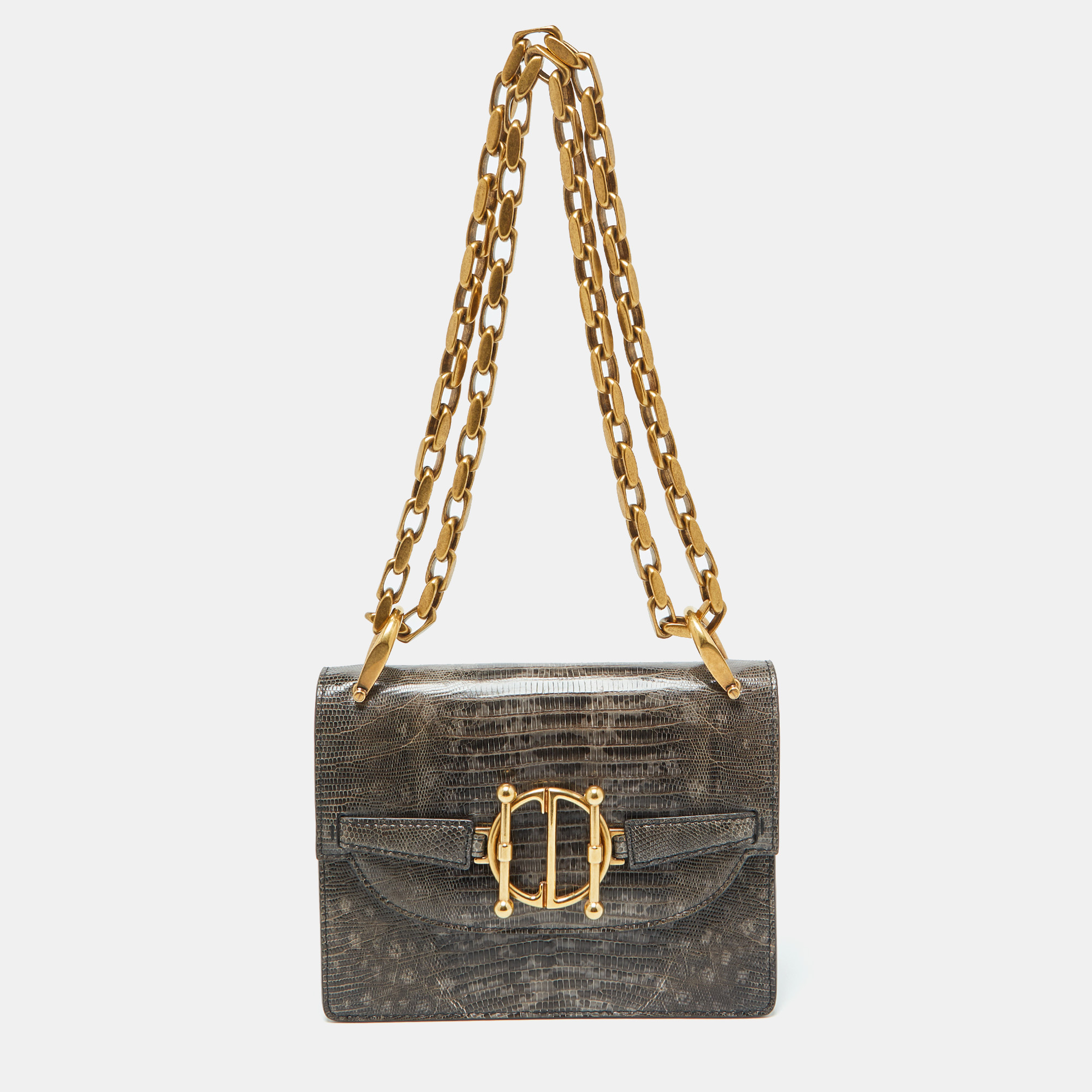 Dior Grey/Brown Lizard DiorDirection Flap Bag