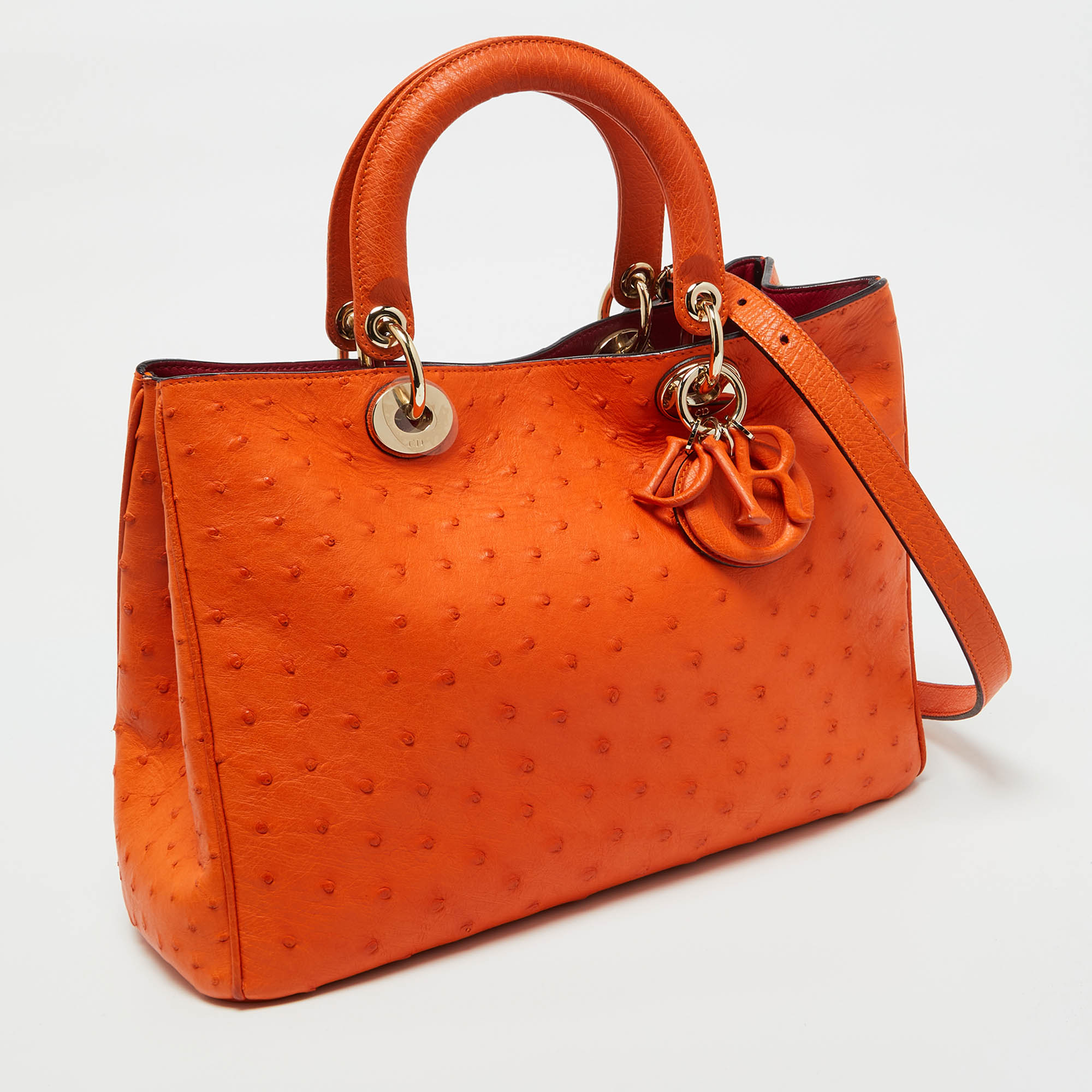 Dior Orange Ostrich Medium Diorissimo Shopper Tote