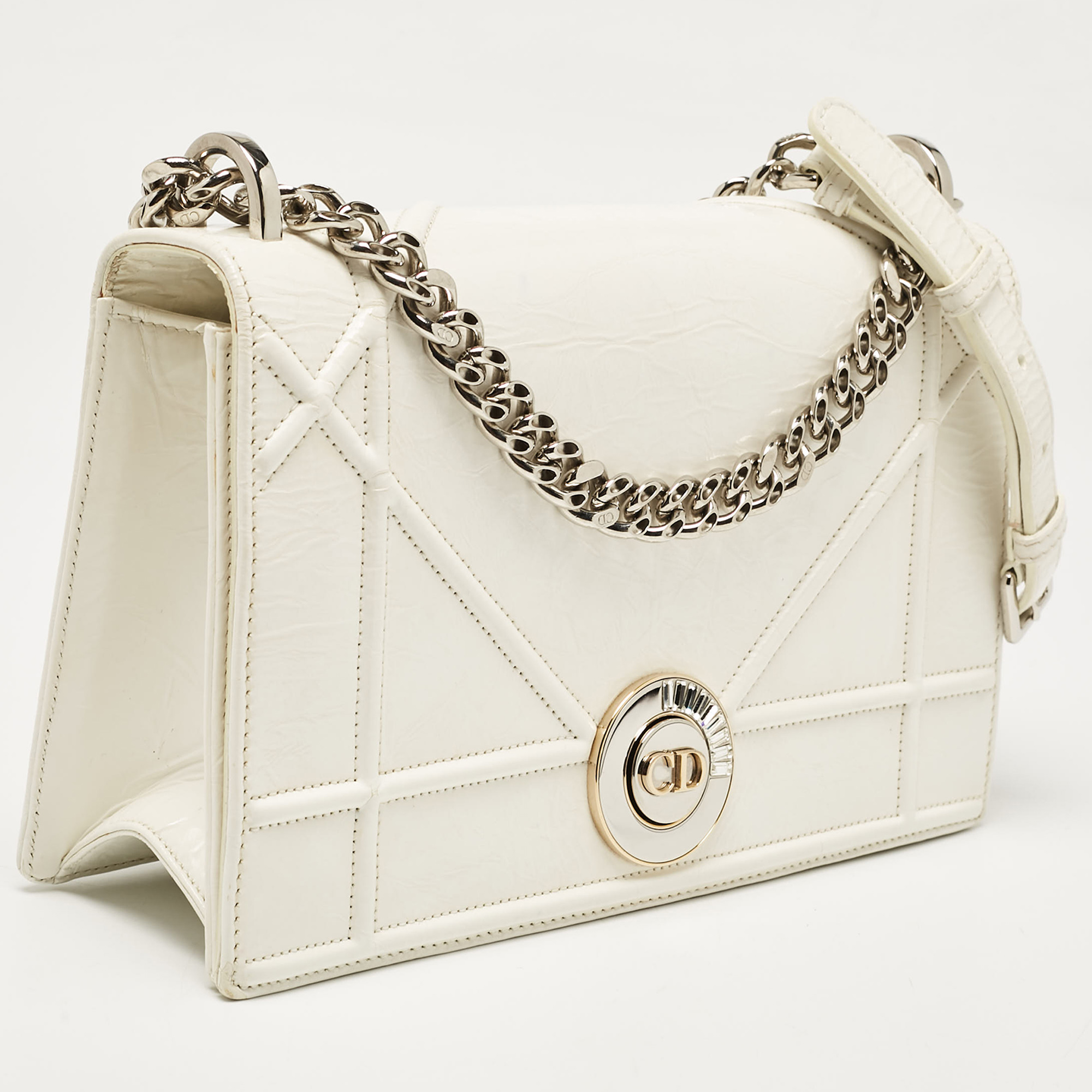 Dior White Crinkled Patent Leather Medium Diorama Shoulder Bag