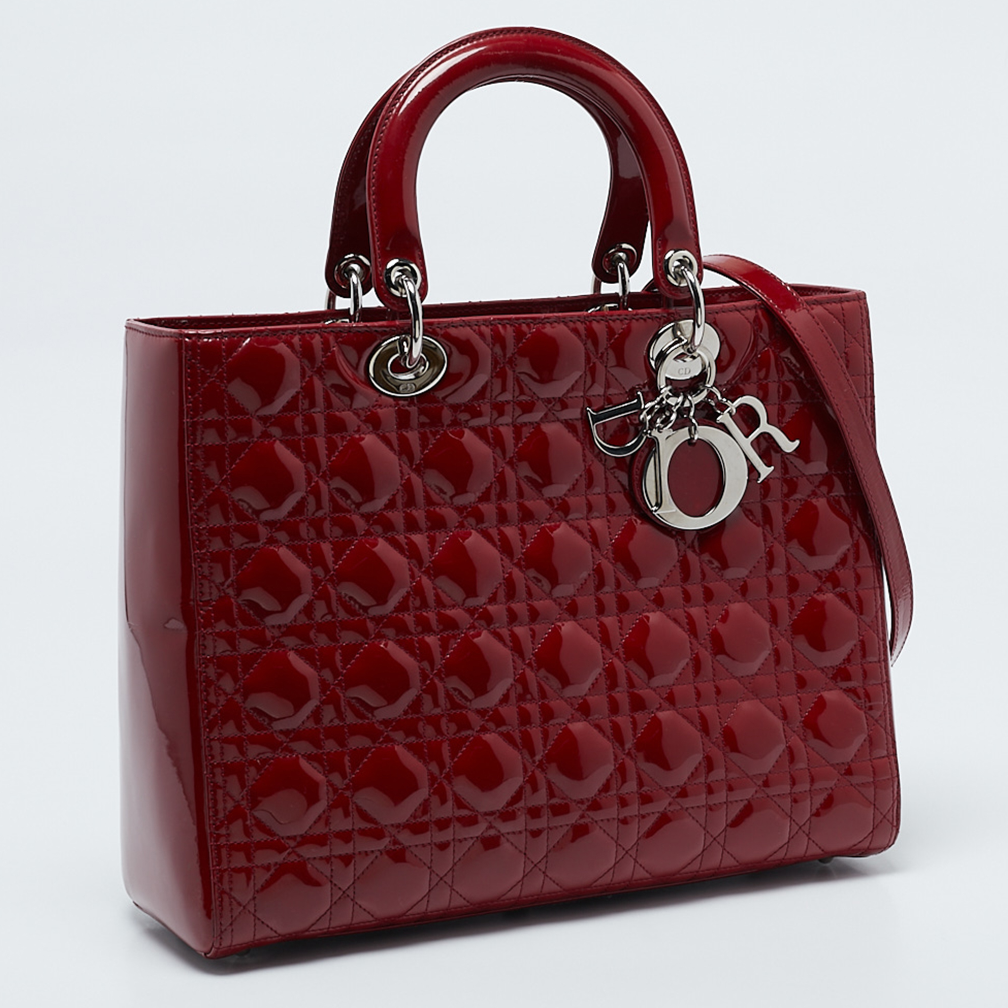 Dior Red Cannage Patent Leather Large Lady Dior Tote