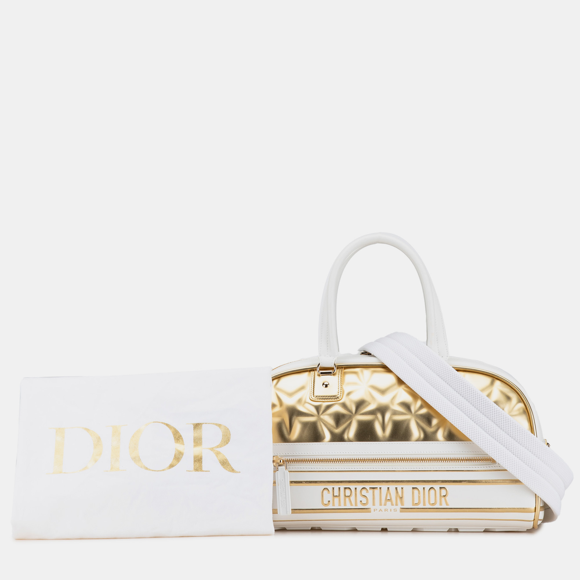 Dior White Leather Dior Medium Padded Etoile Leather Vibe Zip Bowling Bag