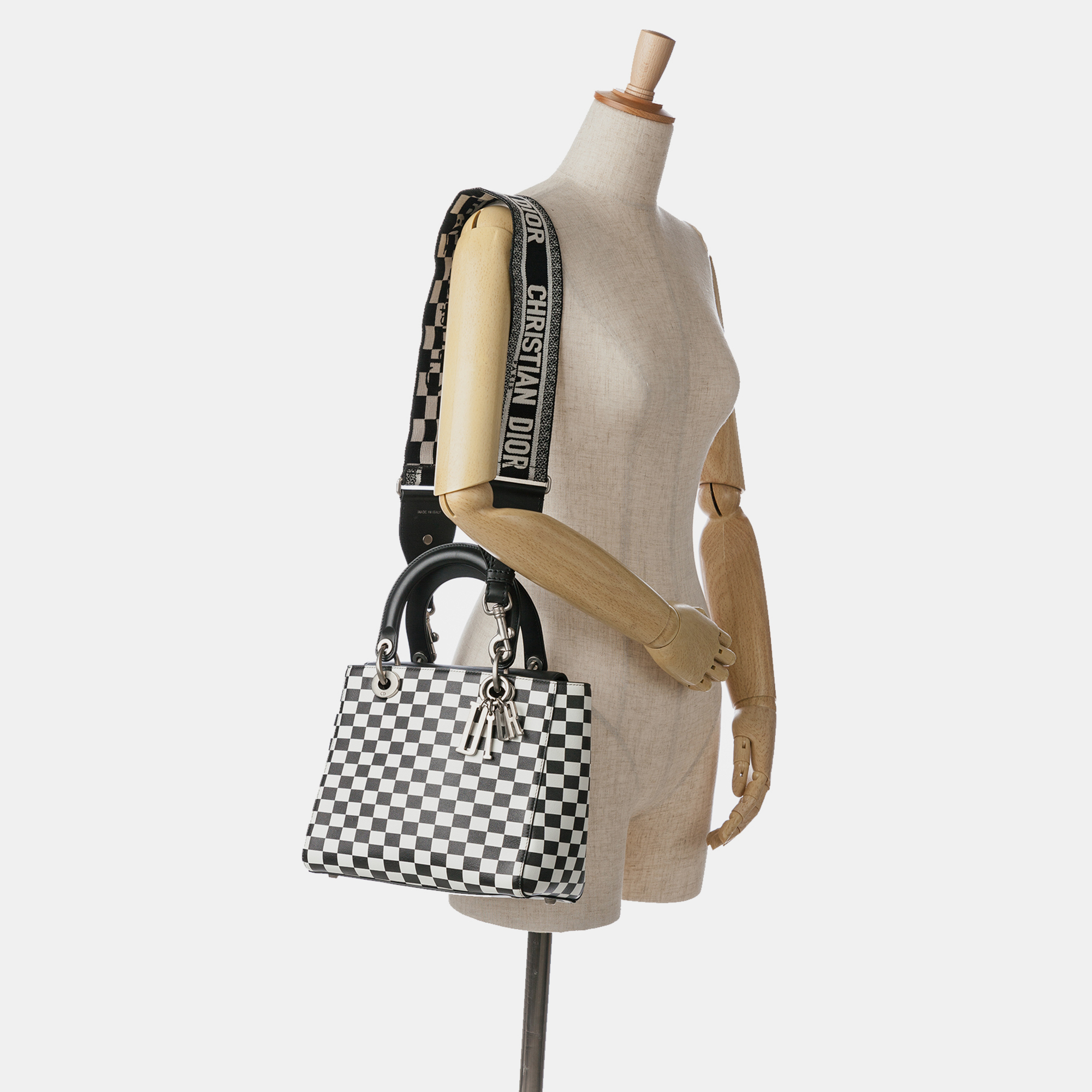 Dior Black White Calf Leather Medium Checkered Lady Dior Bag