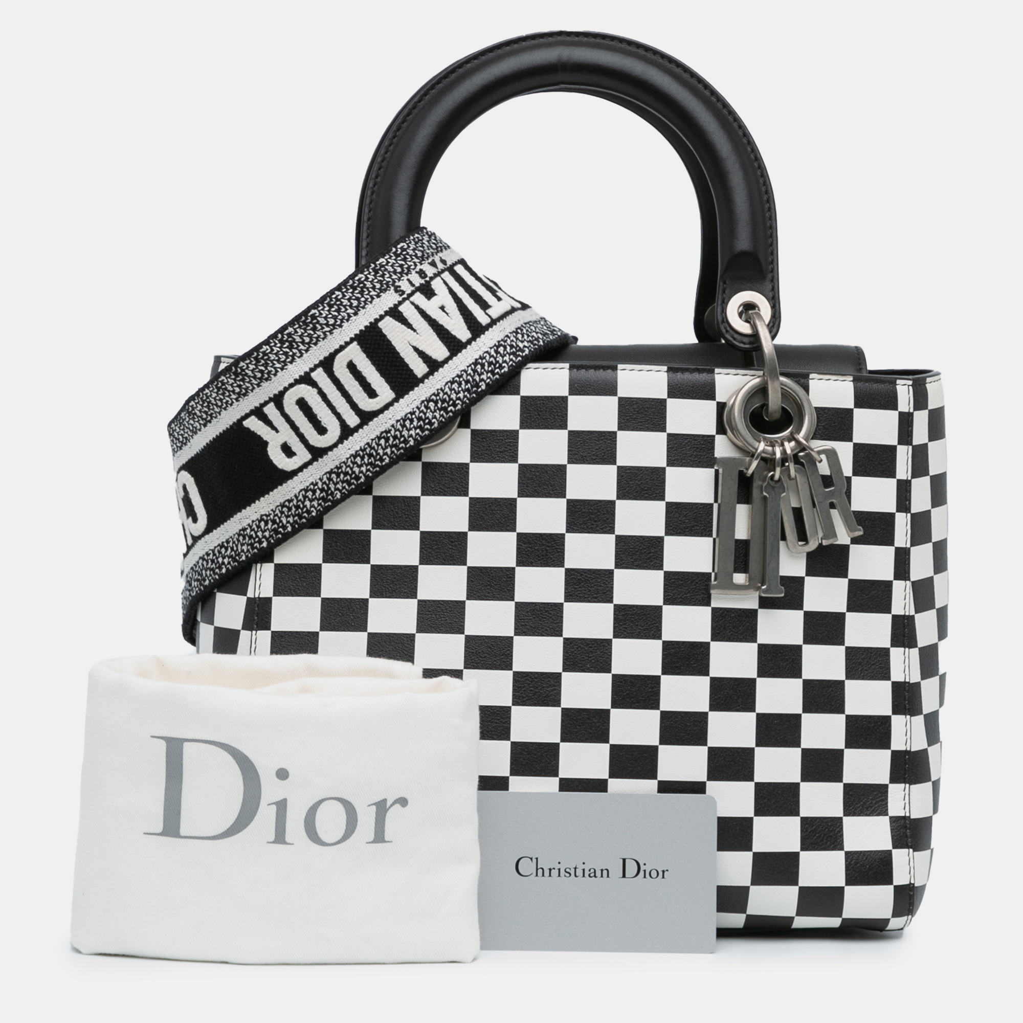 Dior Black White Calf Leather Medium Checkered Lady Dior Bag