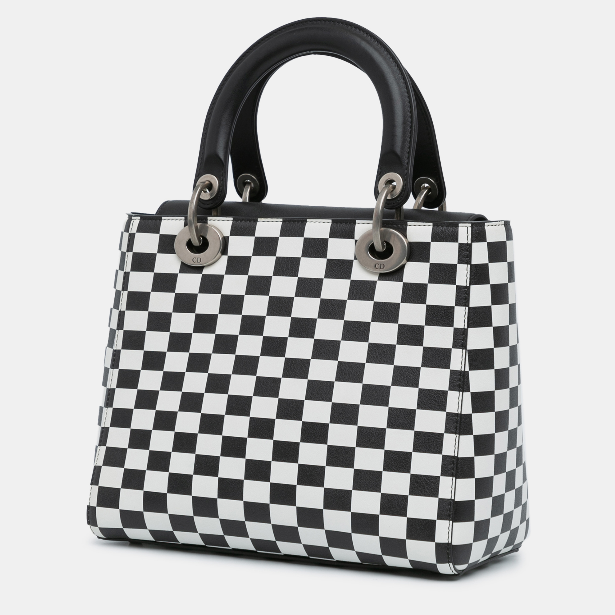 Dior Black White Calf Leather Medium Checkered Lady Dior Bag