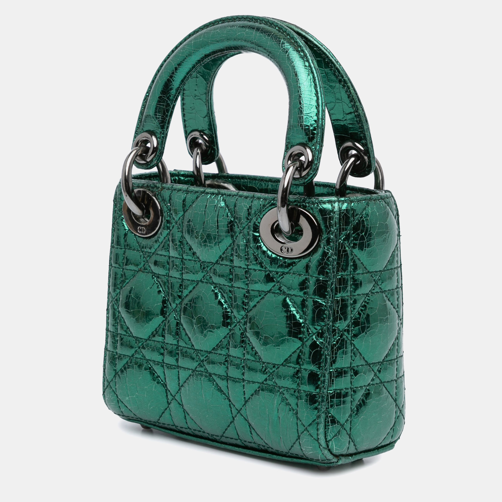 Dior Green Leather Dior Micro Metallic Crinkled Calfskin Cannage Lady Dior