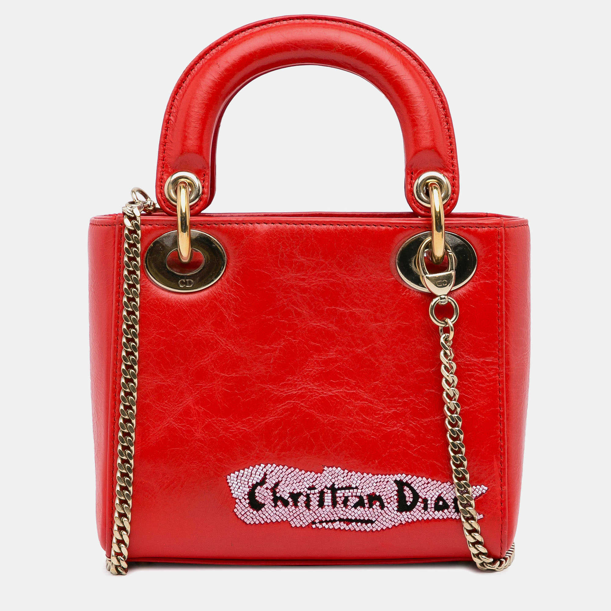 Dior Red Leather Dior Mini Calfskin Sequin Embellished Lady Dior