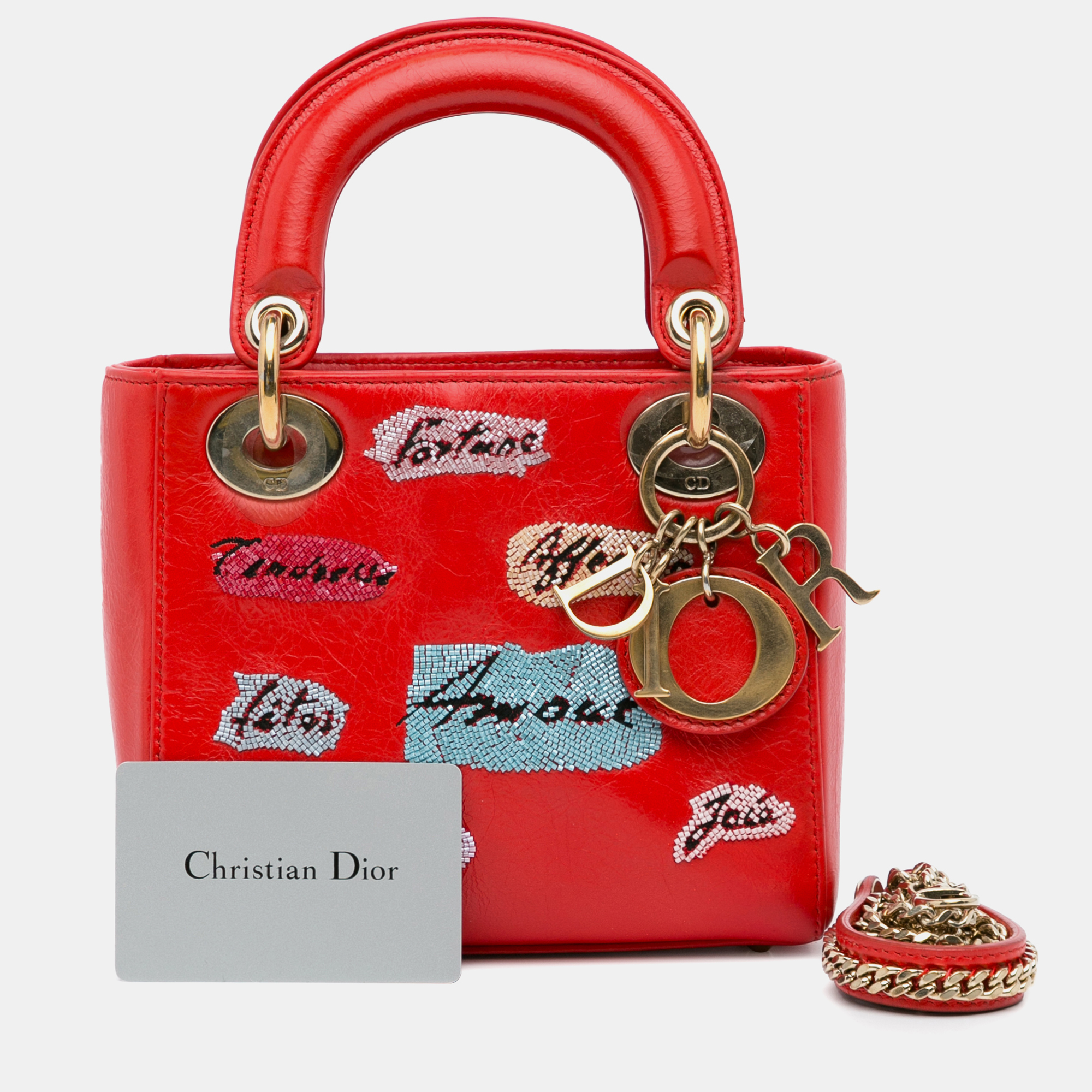 Dior Red Leather Dior Mini Calfskin Sequin Embellished Lady Dior