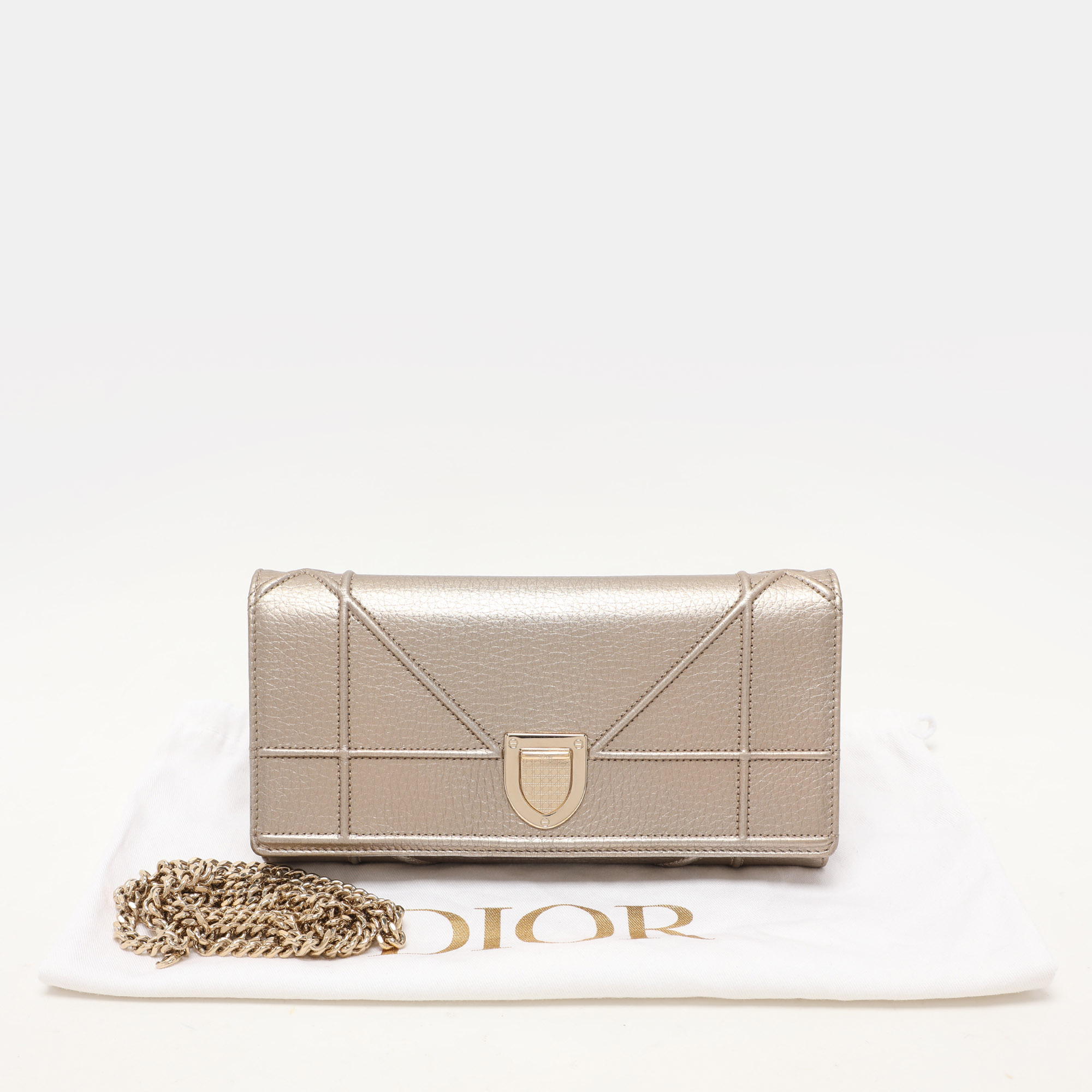 Dior Metallic Beige Leather Diorama Wallet On Chain