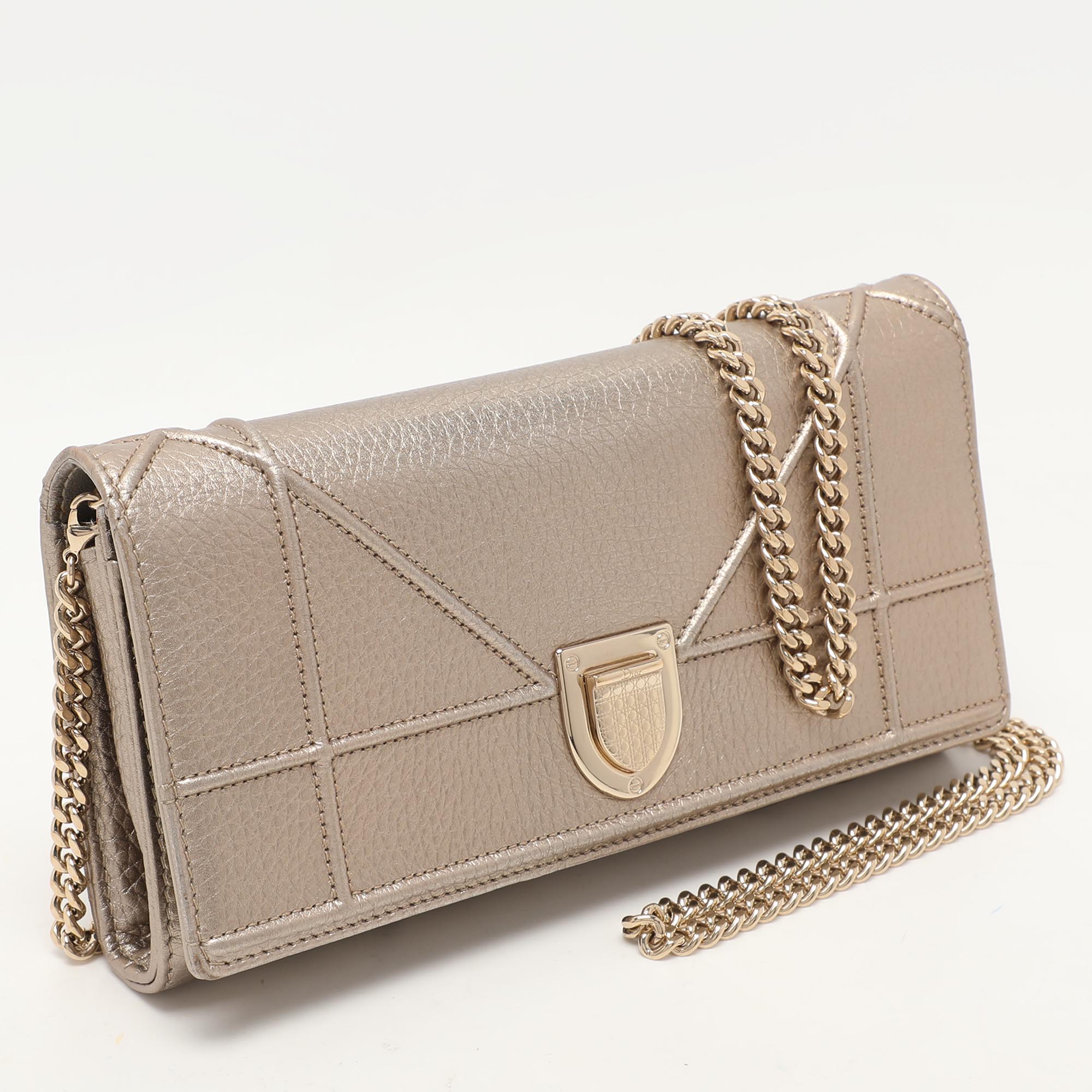 Dior Metallic Beige Leather Diorama Wallet On Chain