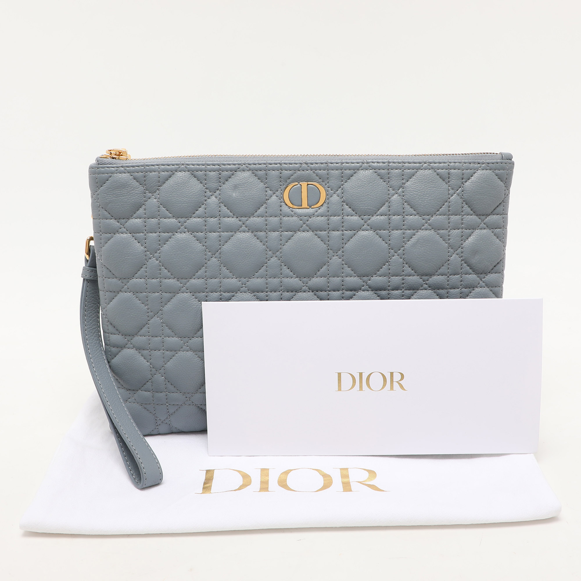 Dior Dust Blue Quilted Leather Caro Wristlet Clutch