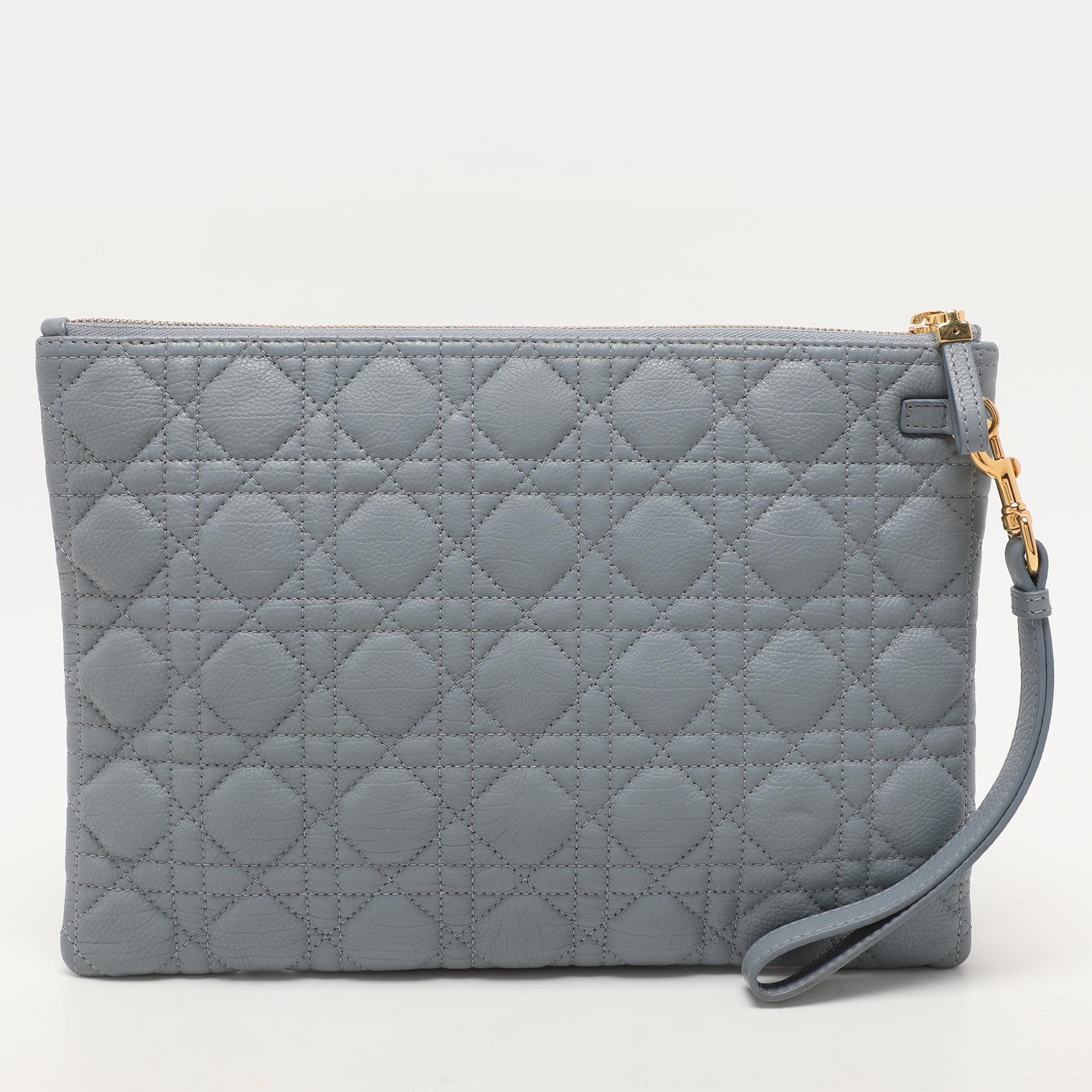 Dior Dust Blue Quilted Leather Caro Wristlet Clutch