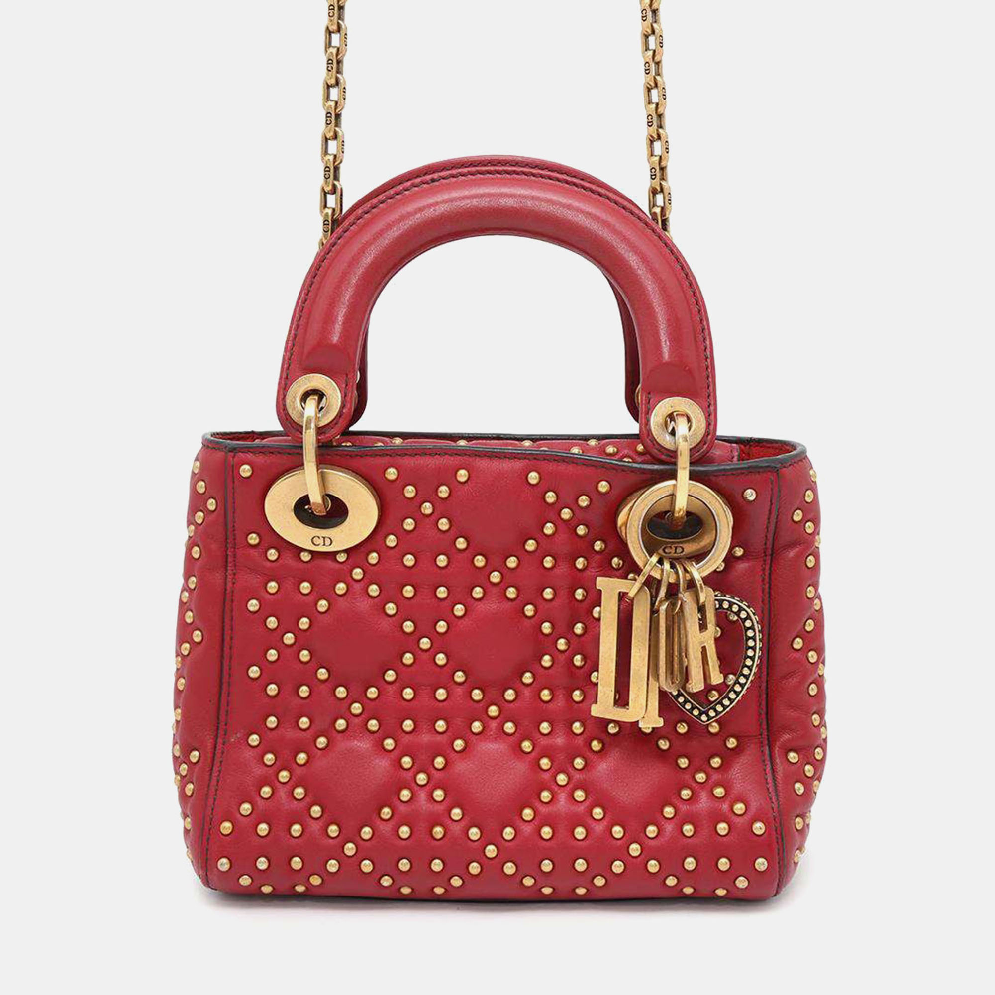 Dior Red Leather Mini Studded Supple Lady Dior Tote Bag