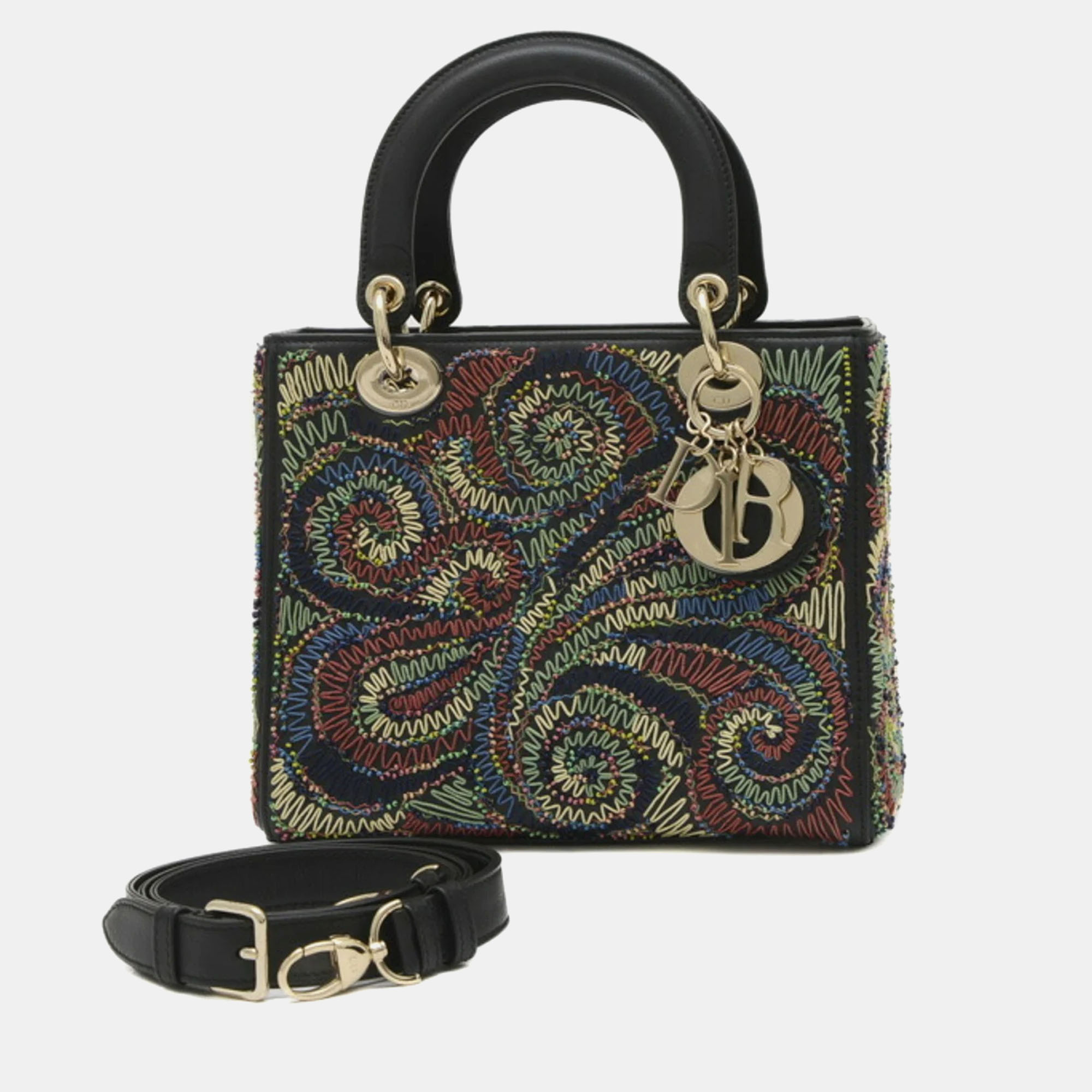 Dior Black Lambskin Leather Lady Dior Medium Embroidered Handbag
