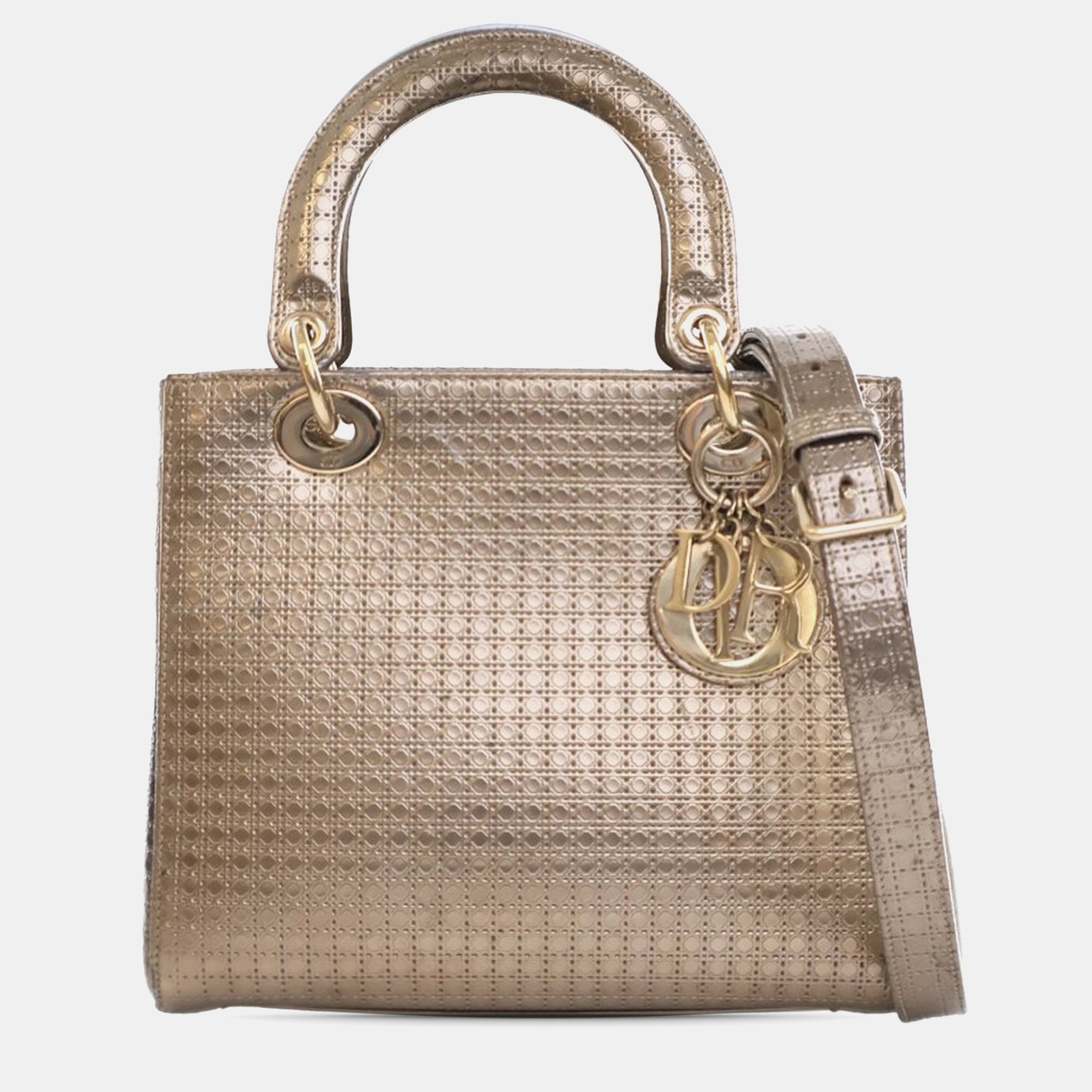 Dior Gold Medium Metallic Patent Microcannage Lady Dior