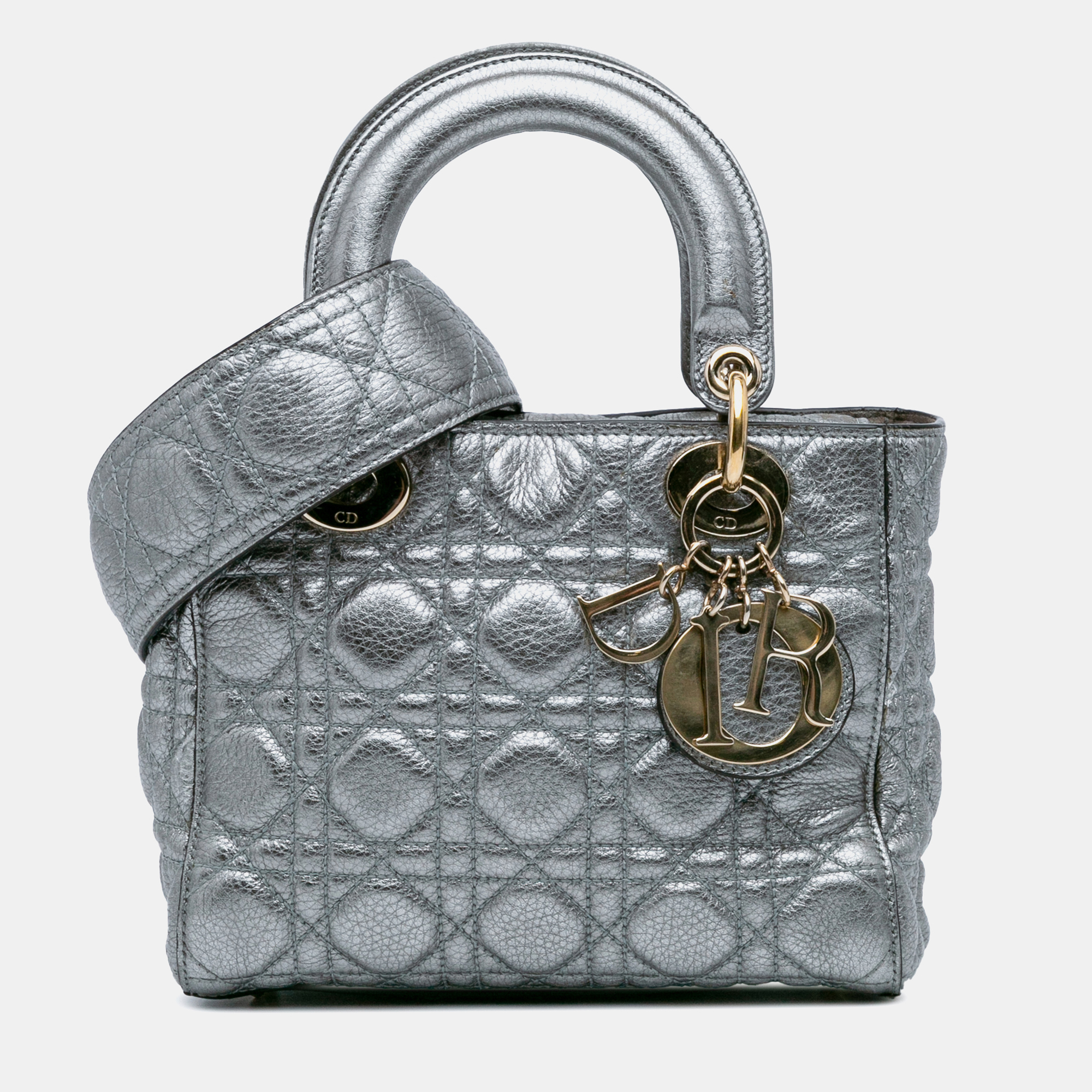 Dior Silver Small Metallic Grained Calfskin Cannage Supple Lady Dior
