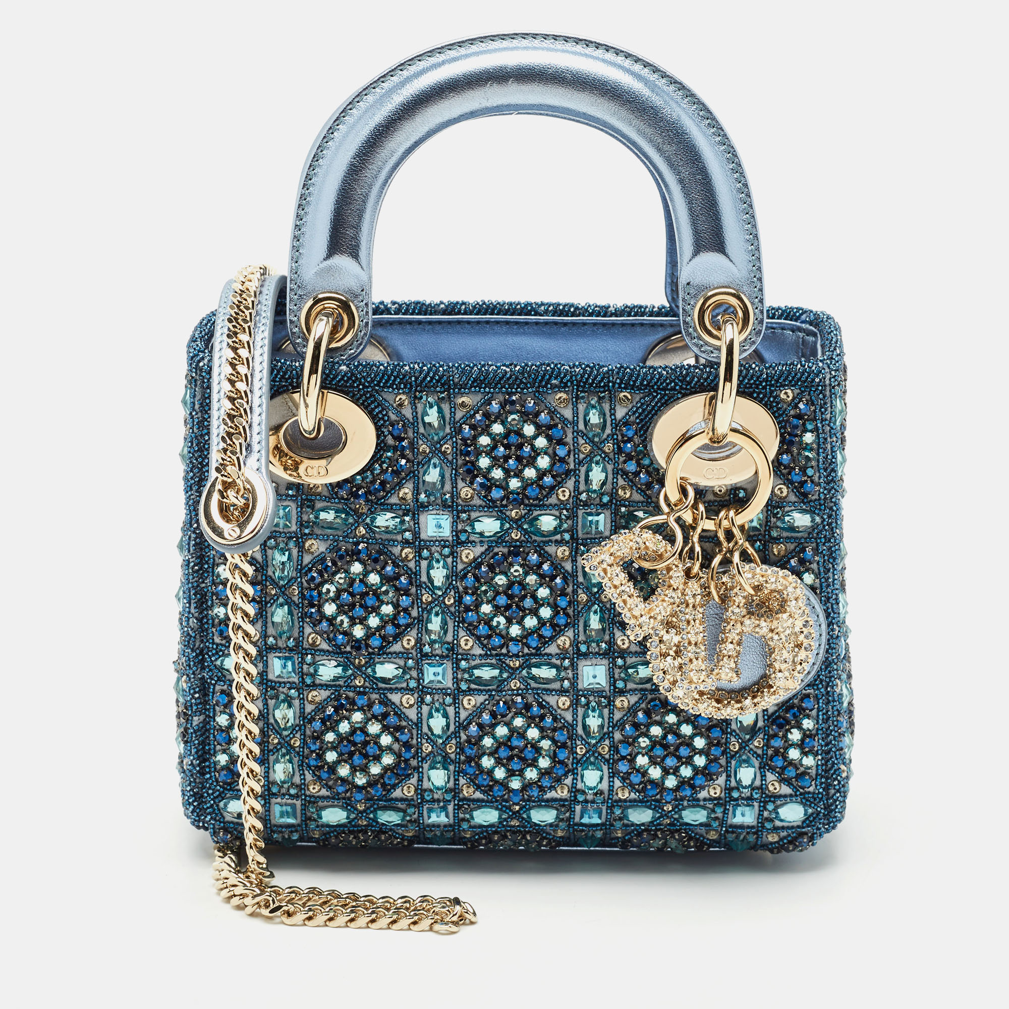 Dior Metallic Blue Leather and Satin Embellished Mini Lady Dior Tote
Dior Metallic Blue Leather and Satin Embellished Mini Lady Dior Tote