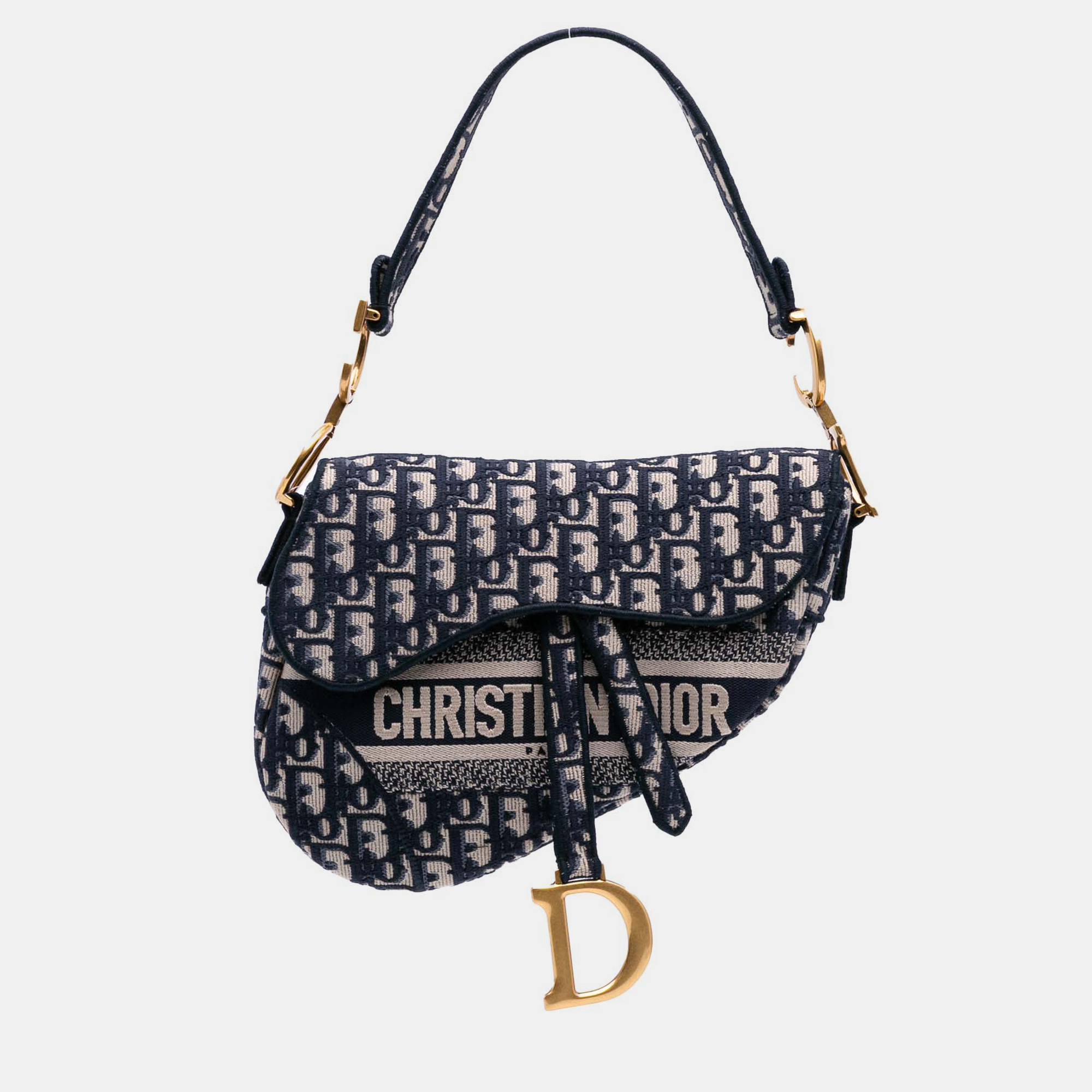Dior Navy Blue Oblique Embroidered Canvas Saddle Bag