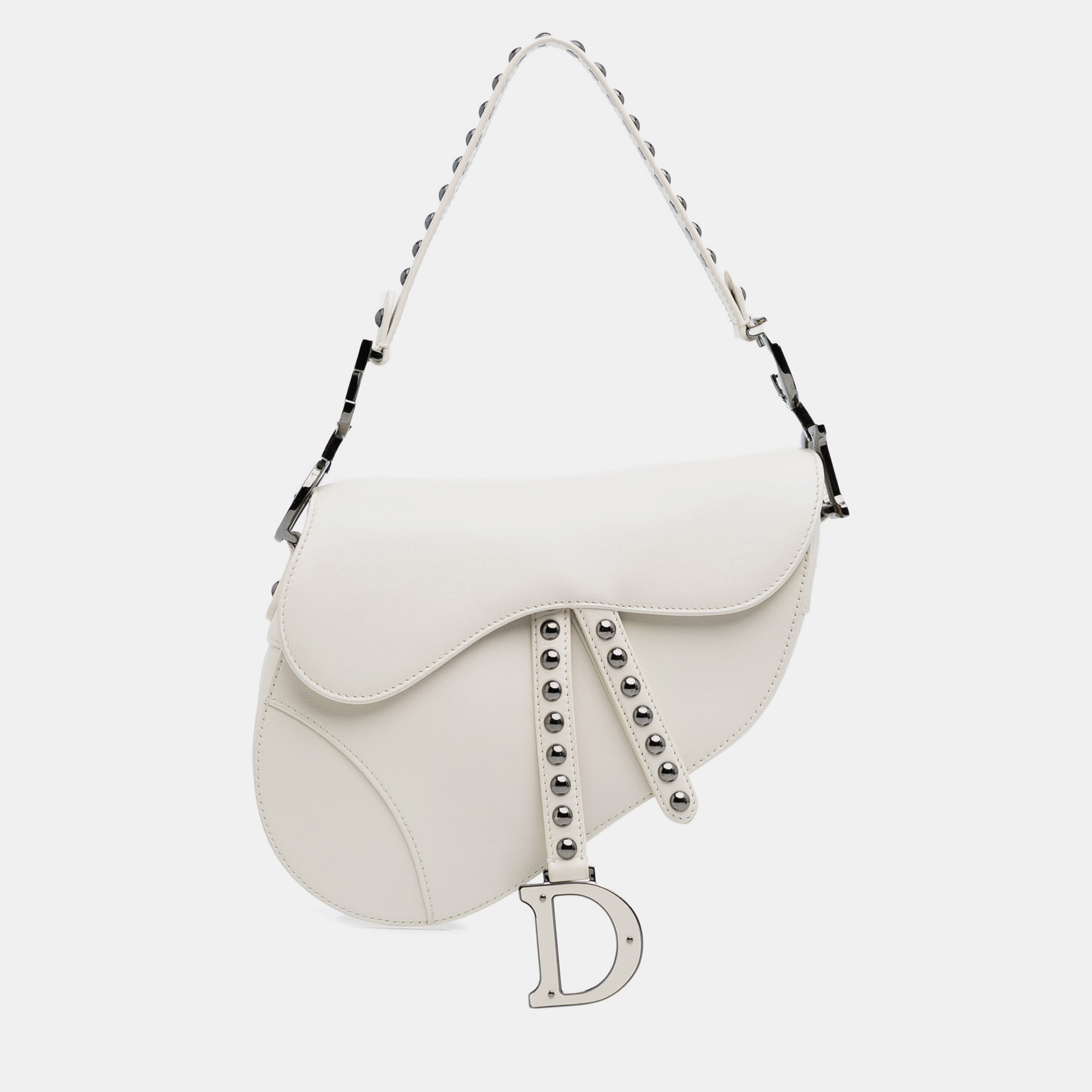 Dior White Studded Leather Saddle Bag