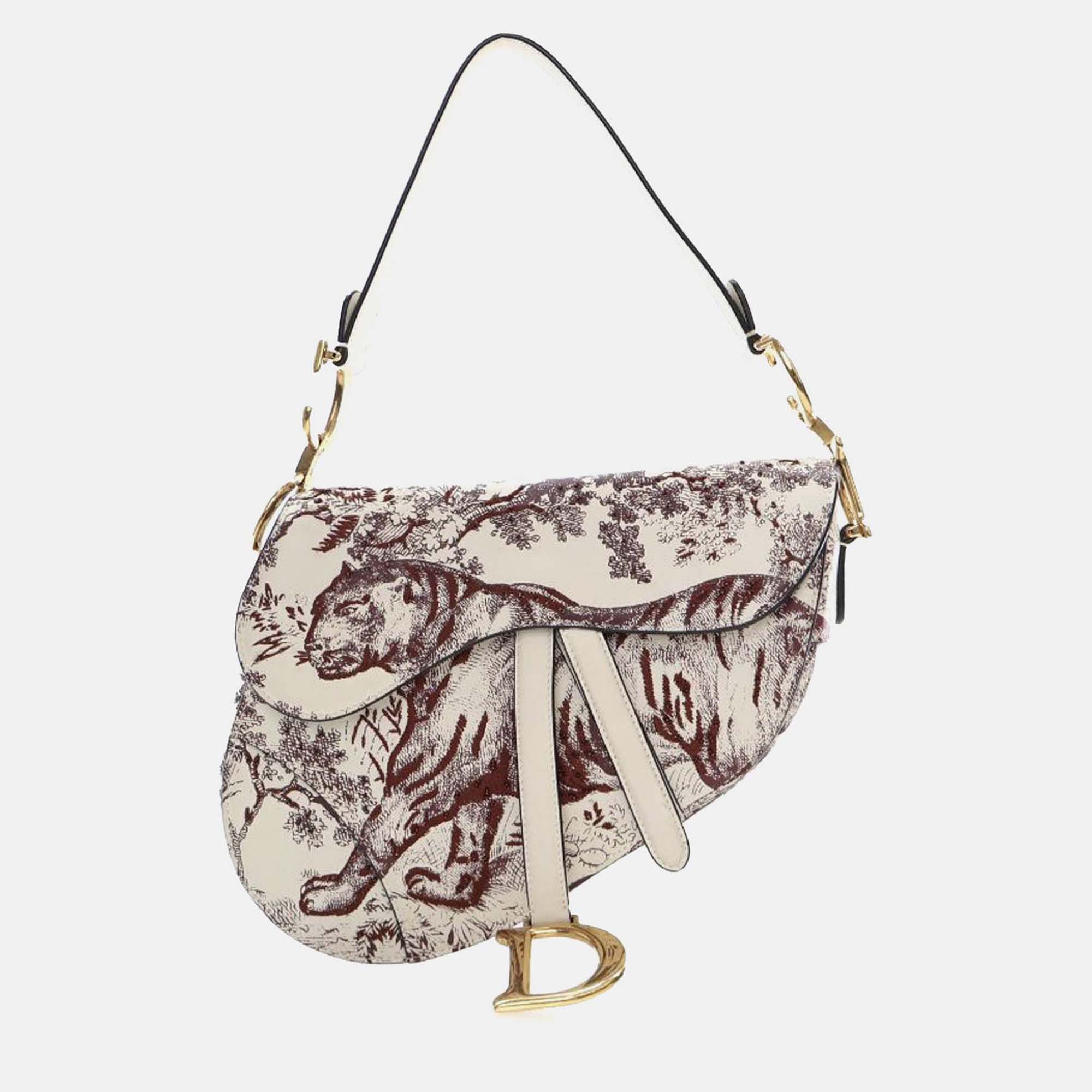 Dior White Embroidered Calfskin Toile De Jouy Saddle Bag