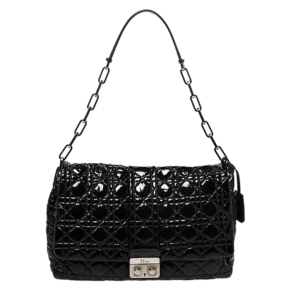 Image of Dior Black Cannage Patent Leather Large New Lock Flap Shoulder Bag