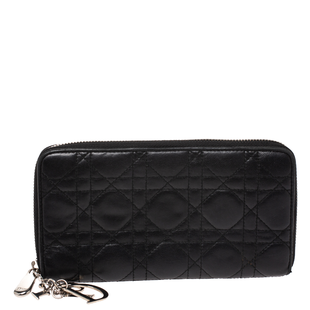 Image of Dior Black Cannage Leather Lady Dior Zip Around Wallet
