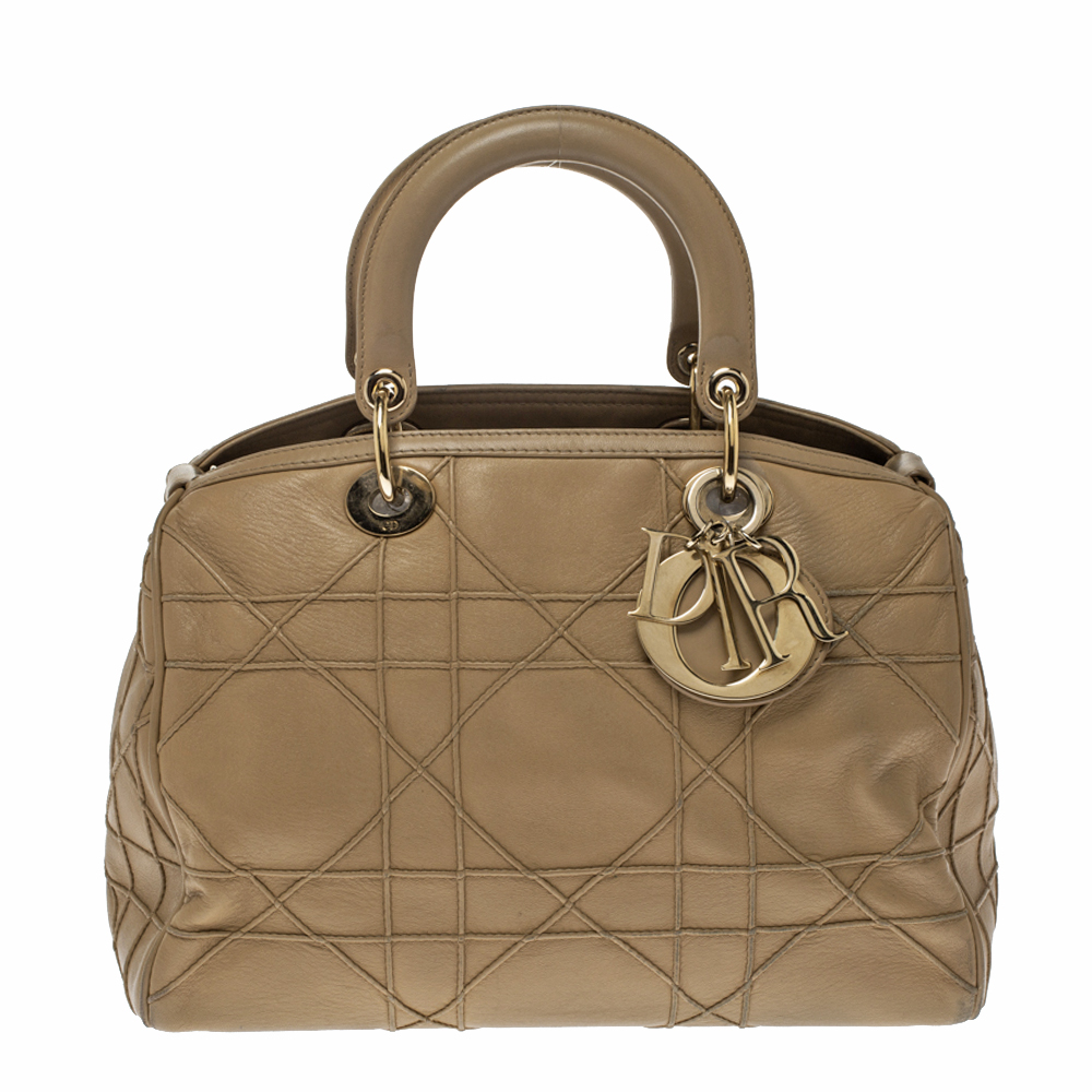 Image of Dior Beige Cannage Quilted Leather Granville Polochon Satchel