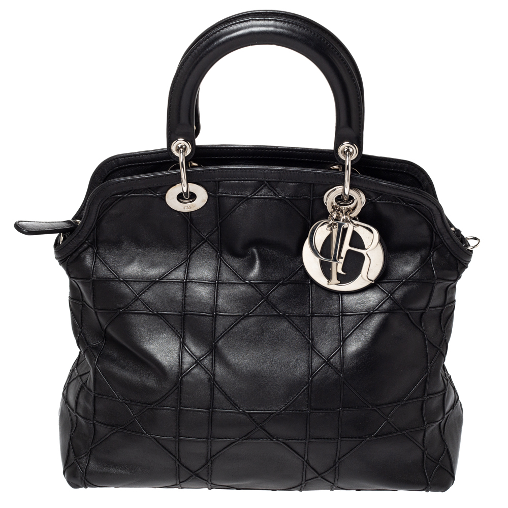 Image of Dior Black Cannage Leather Granville Polochon Satchel