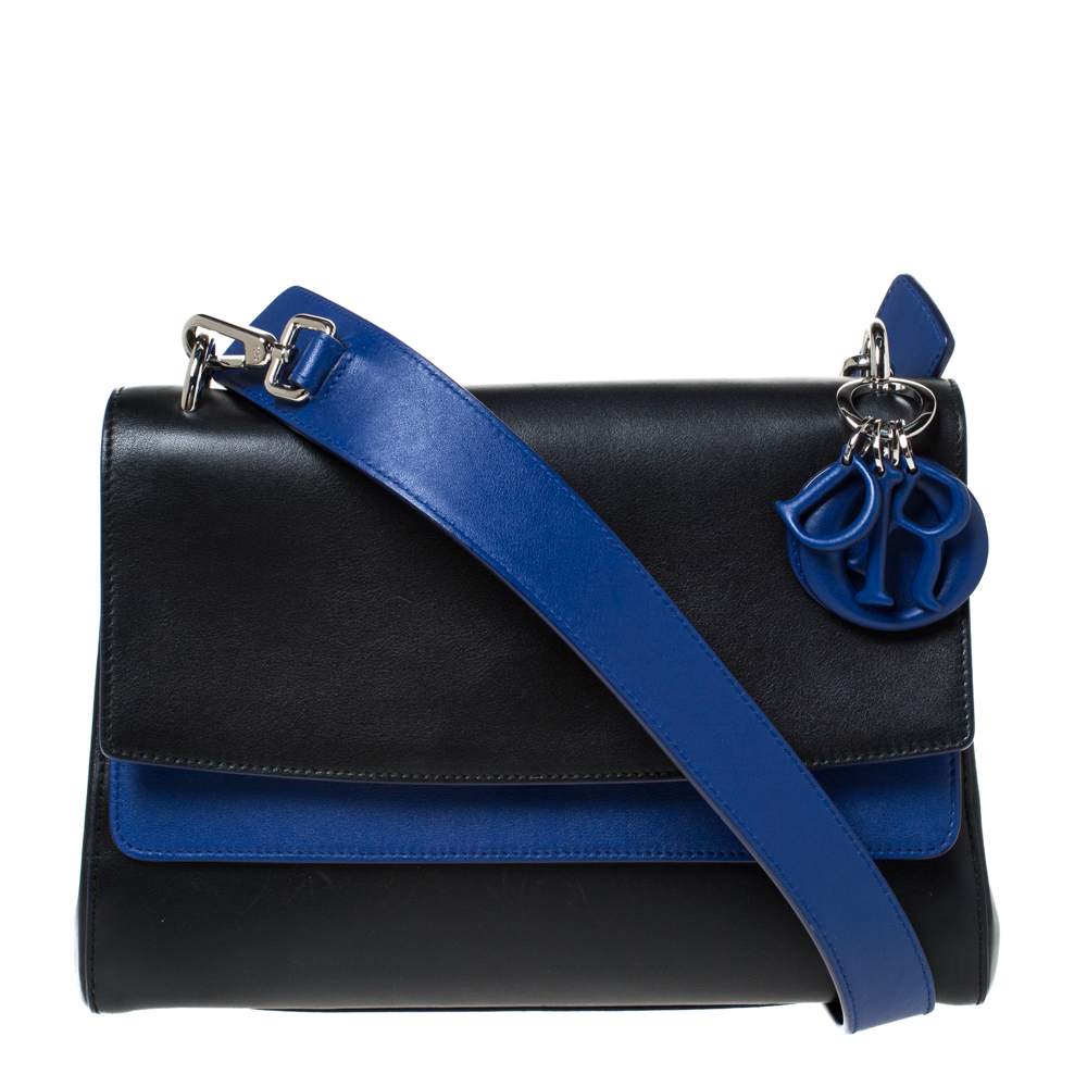 Image of Dior Black/Blue Leather Be Dior Double Flap Shoulder Bag