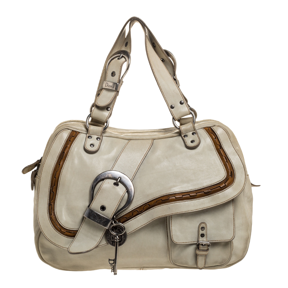 Image of Dior Pale Green Gaucho Leather Large Double Saddle Shoulder Bag