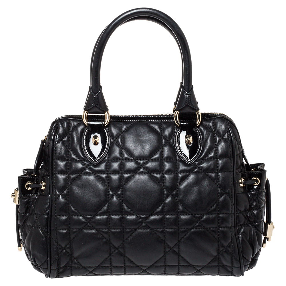Image of Dior Black Cannage Leather Side Pocket Satchel