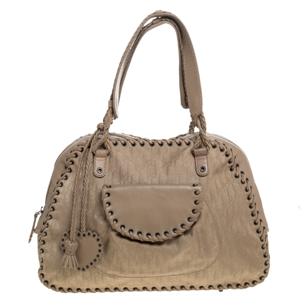 Image of Christian Dior Beige Oblique Canvas and Leather Heart Charm Ethnic Shoulder Bag