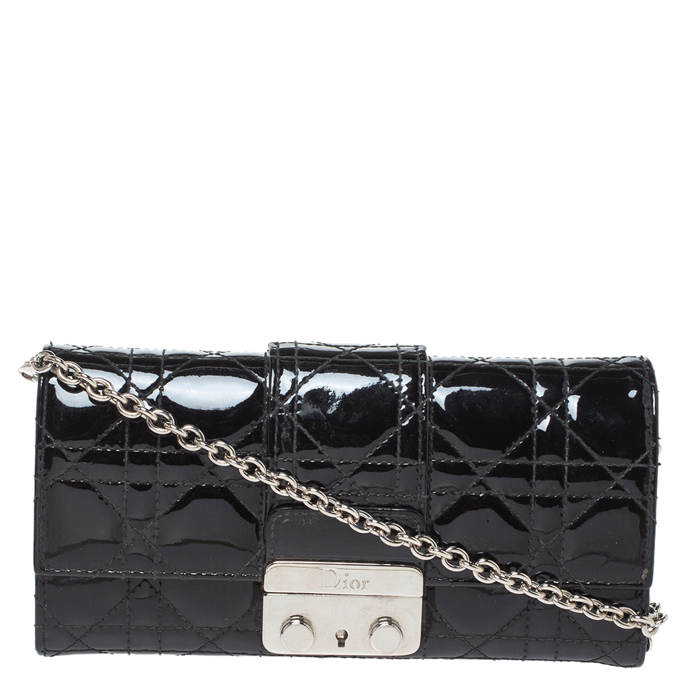 Image of Dior Black Cannage Patent Leather New Lock Wallet on Chain