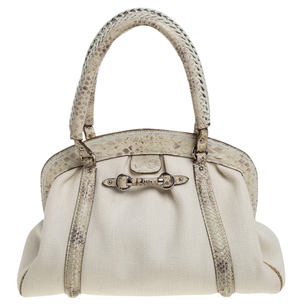 Image of Dior Beige/Off White Canvas and Python Trim Frame Satchel