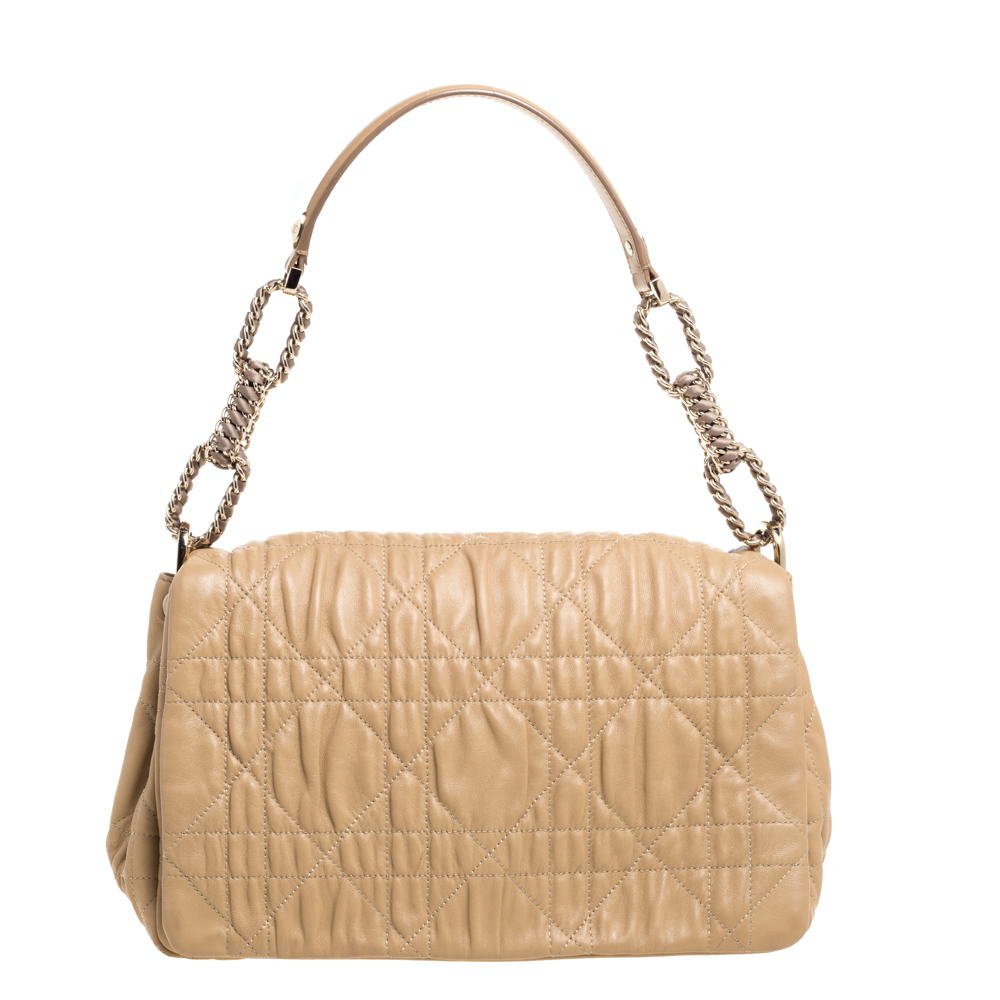 Image of Dior Beige Cannage Quilted Leather Large Flap Shoulder Bag