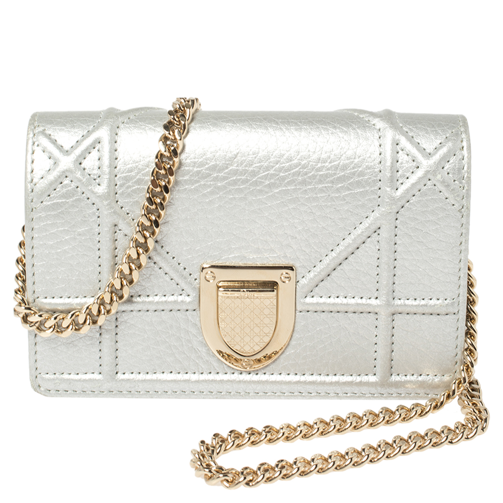Image of Christian Dior Silver Grained Leather Diorama Pouch Wallet on Chain