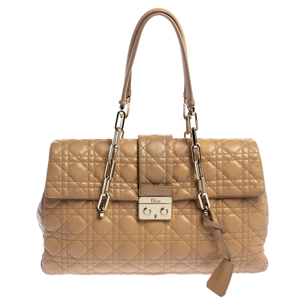 Image of Dior Beige Cannage Leather Lock Flap Satchel