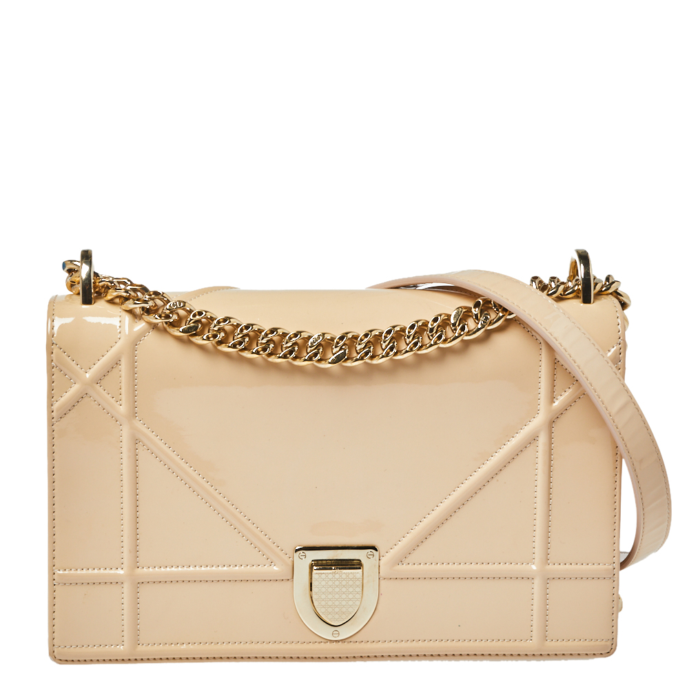Image of Dior Beige Patent Leather Medium Diorama Shoulder Bag