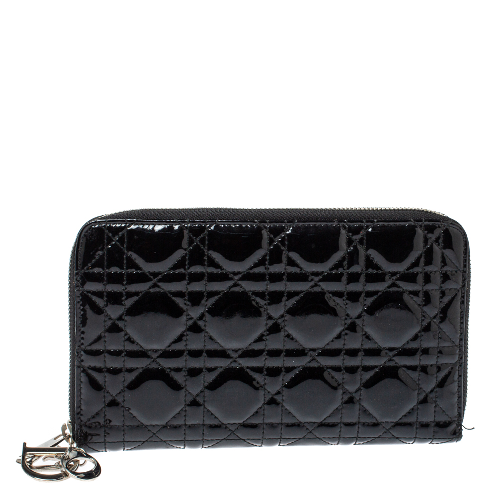 Image of Dior Black Cannage Patent Leather Zip Around Organizer Wallet