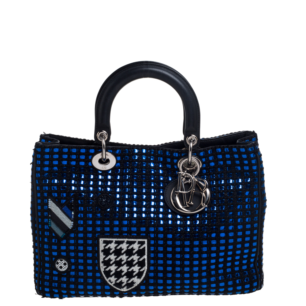 Dior Metallic Blue/Black Tweed and Leather Medium Patch Embellished Diorissimo Shopper Tote