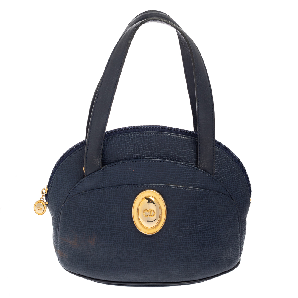 Dior Navy Blue Grained Leather Satchel