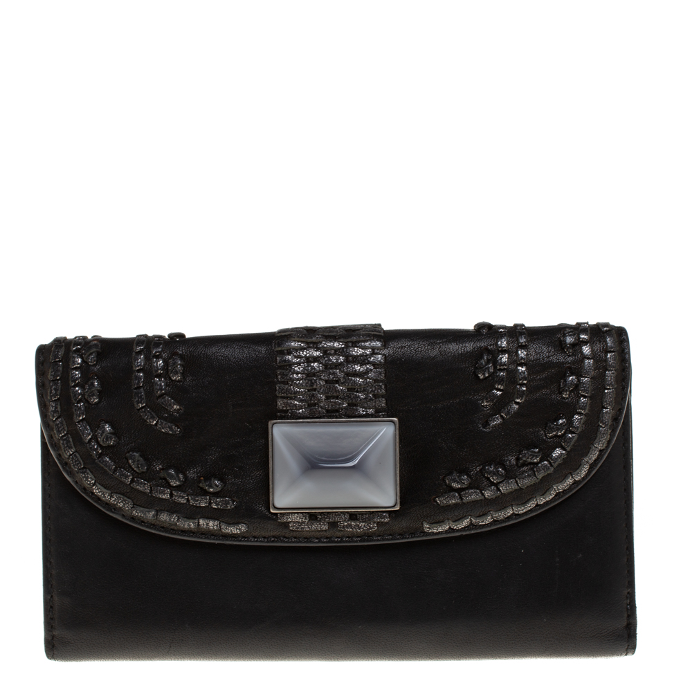 Dior Black Leather Crystal Detail Continental Wallet