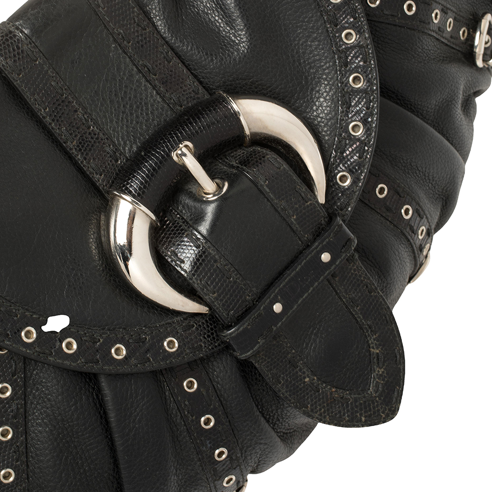 Dior Black Leather And Lizard Grommet Buckle Flap Hobo